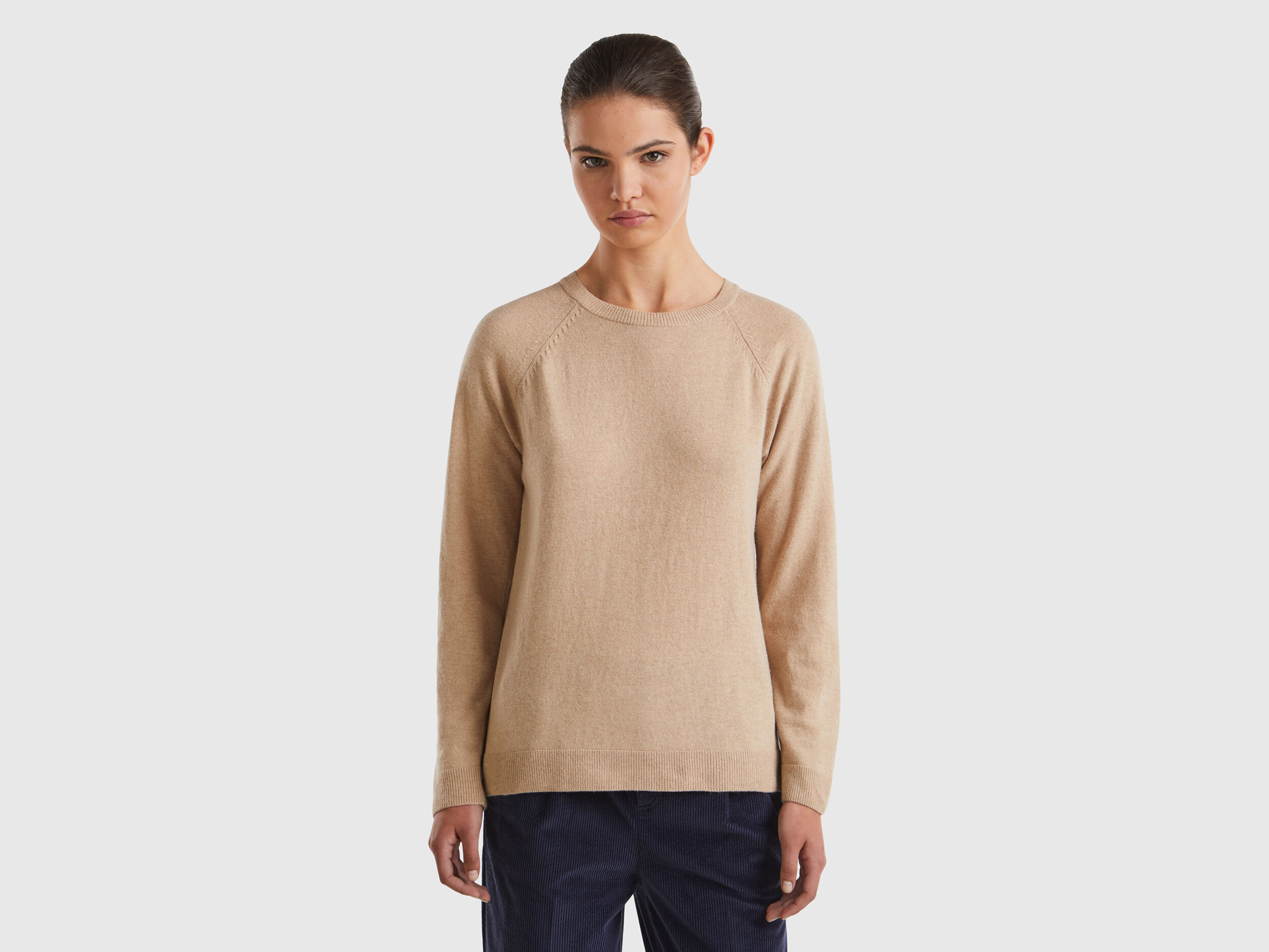 Camel crew neck sweater in cashmere and wool blend Beige Benetton
