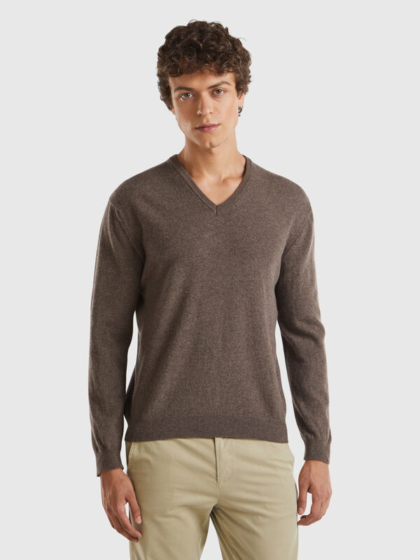 Brown V-neck sweater in pure Merino wool Men