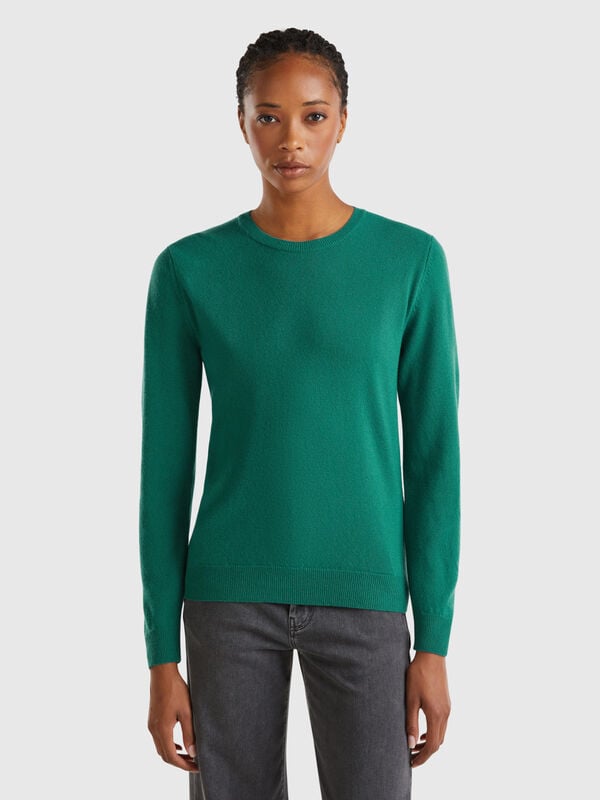 Forest green crew neck sweater in pure Merino wool Women