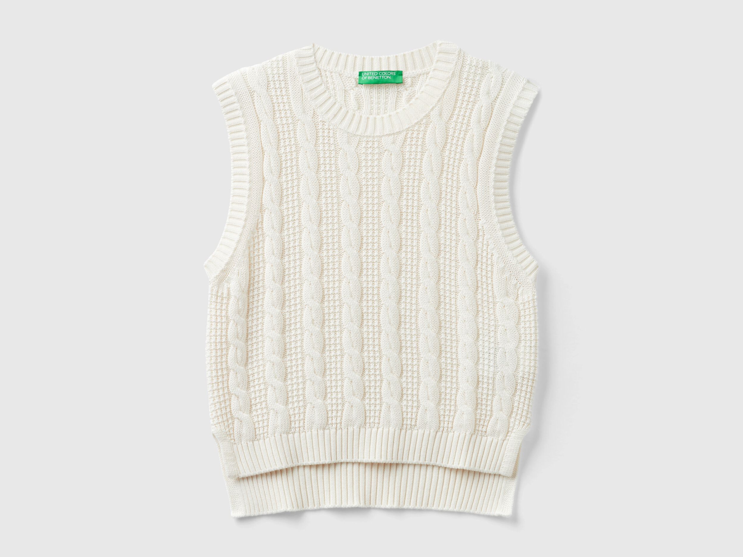 Cropped cable knit vest - Creamy White | Benetton