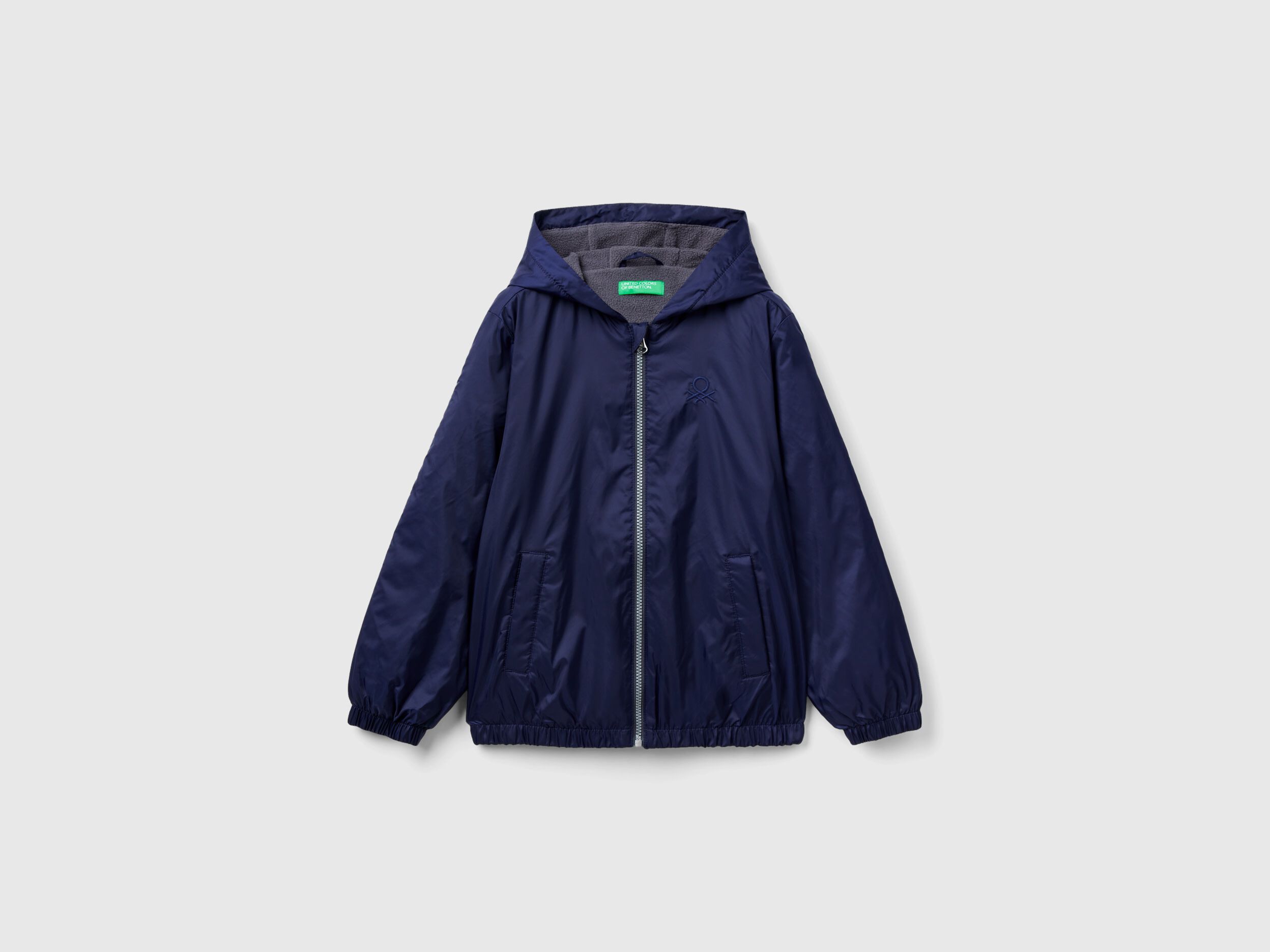 Nylon jacket with zip and hood - Dark Blue | Benetton