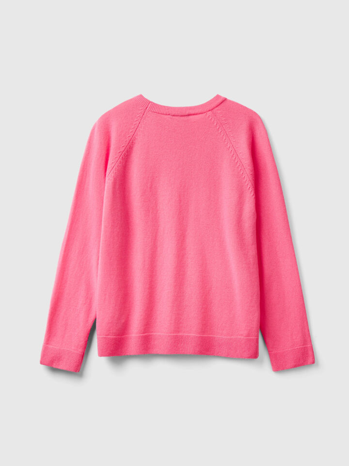 Pink crew neck sweater in cashmere and wool blend - Pink | Benetton