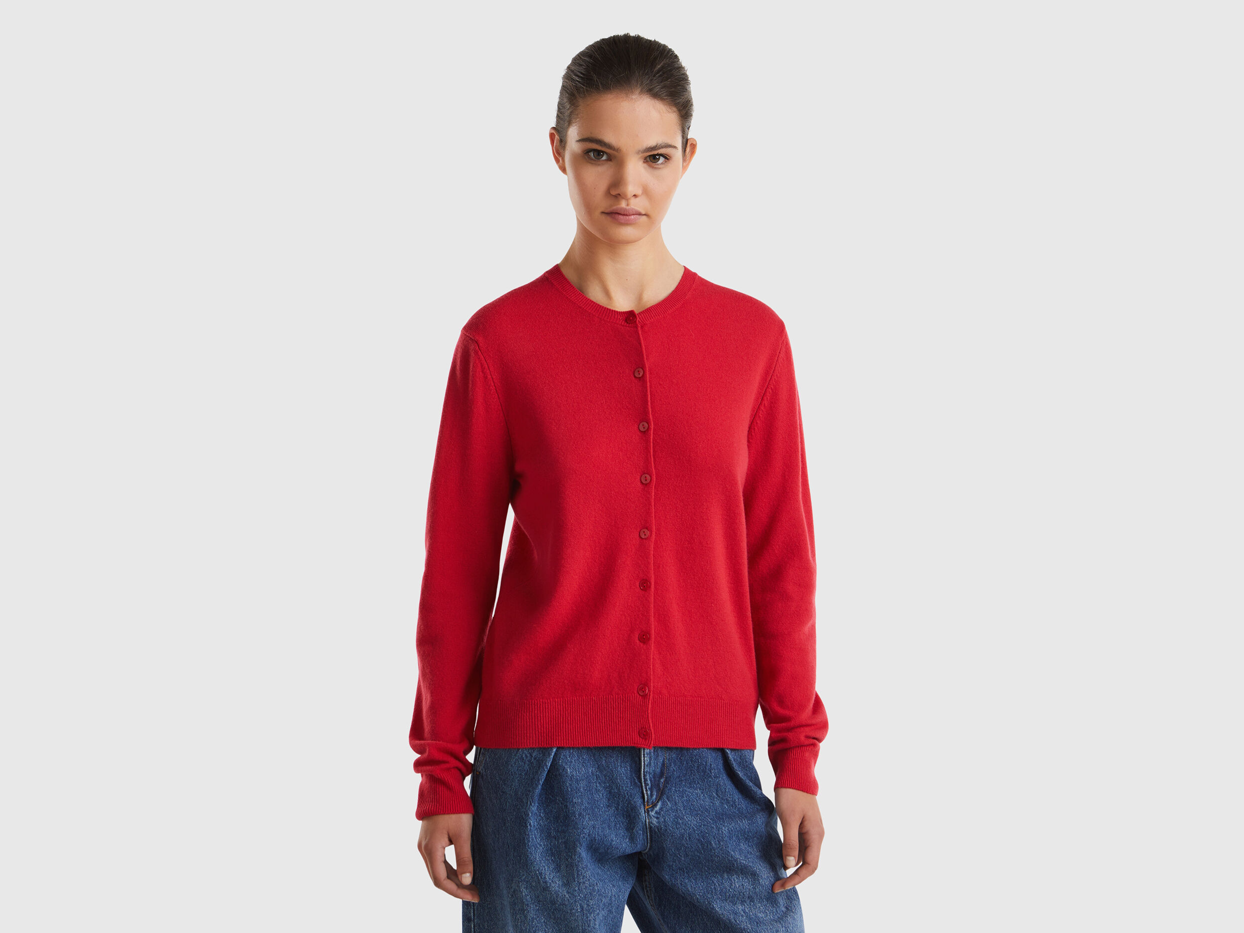 Red round neck cardigan outlet