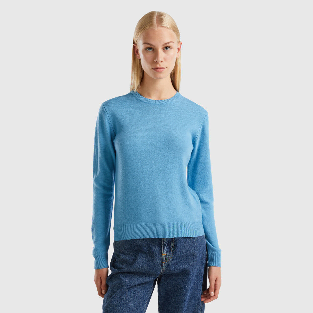 Light blue crew neck sweater in Merino wool Light Blue Benetton