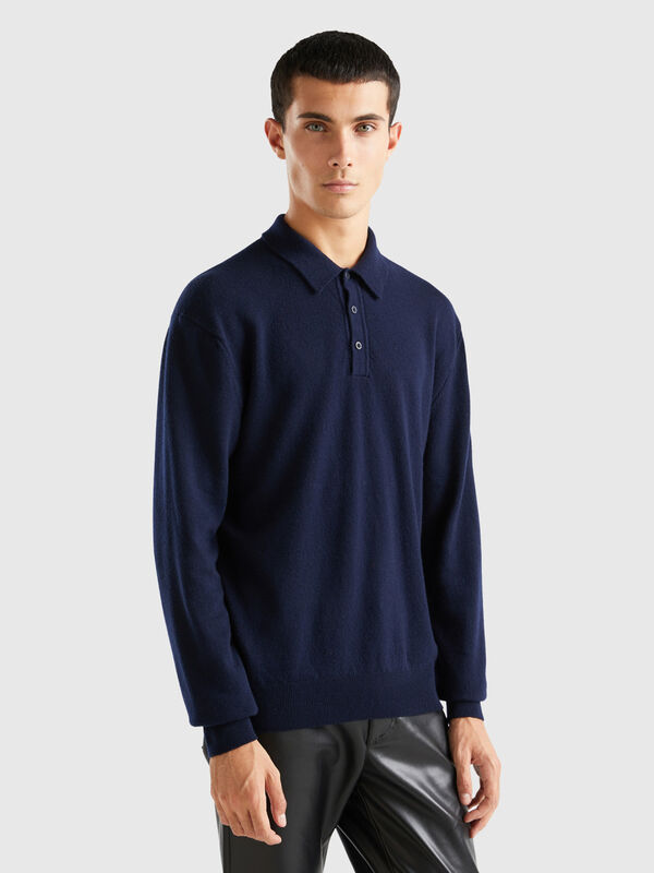 Dark blue polo shirt in pure Merino wool Men