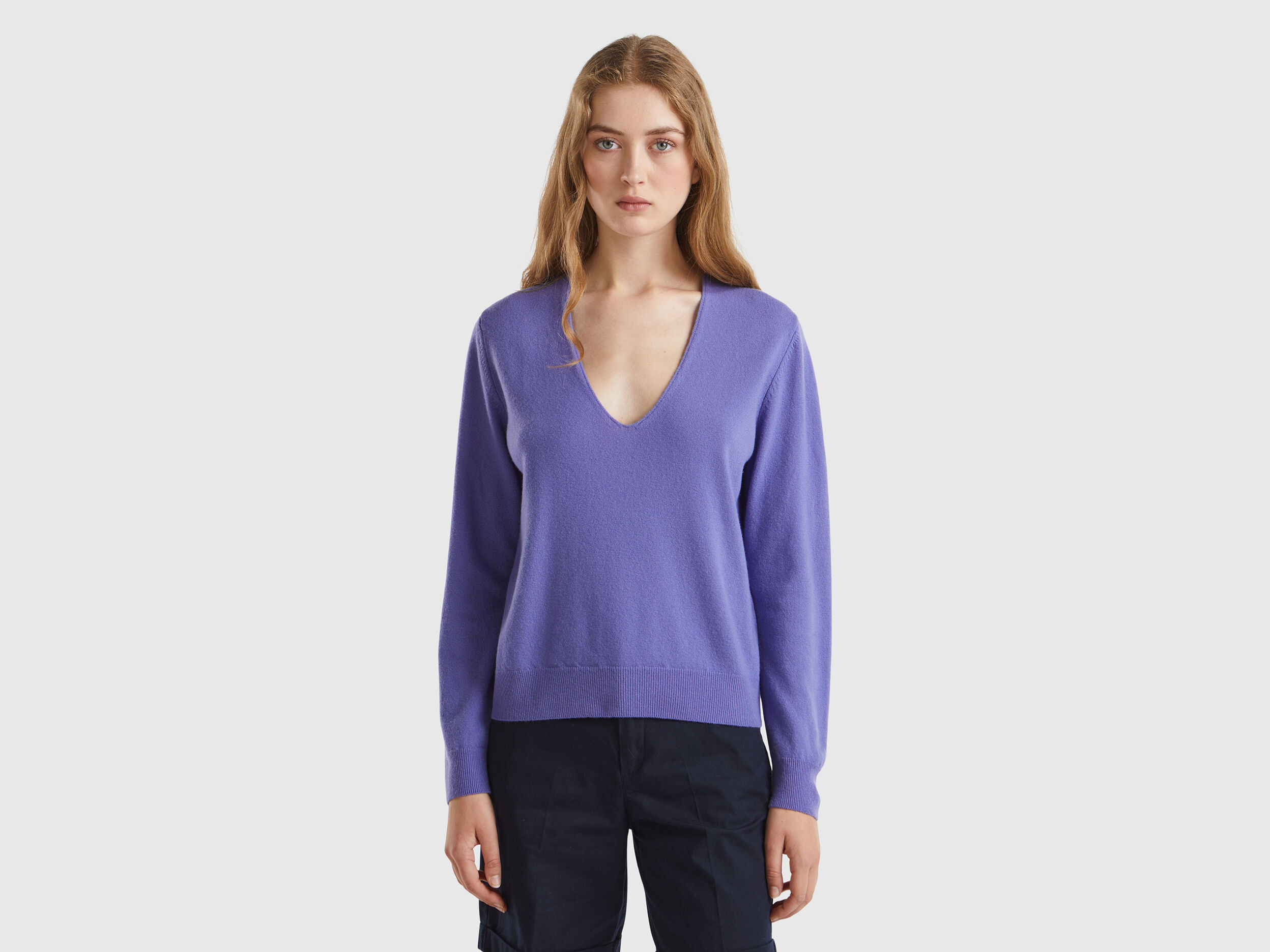 Purple V neck sweater in pure Merino wool Purple Benetton