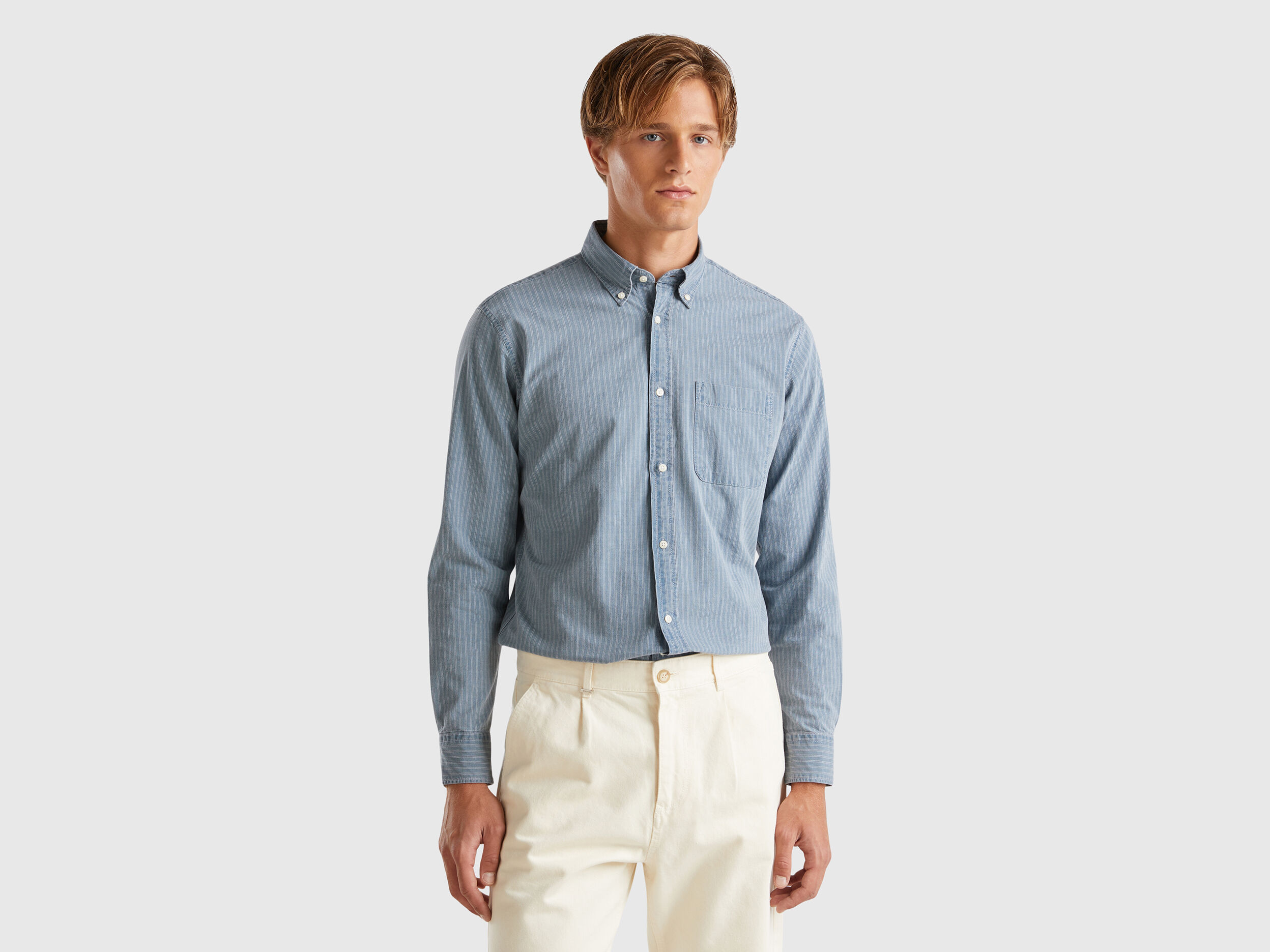 Striped button down shirt - Blue | Benetton