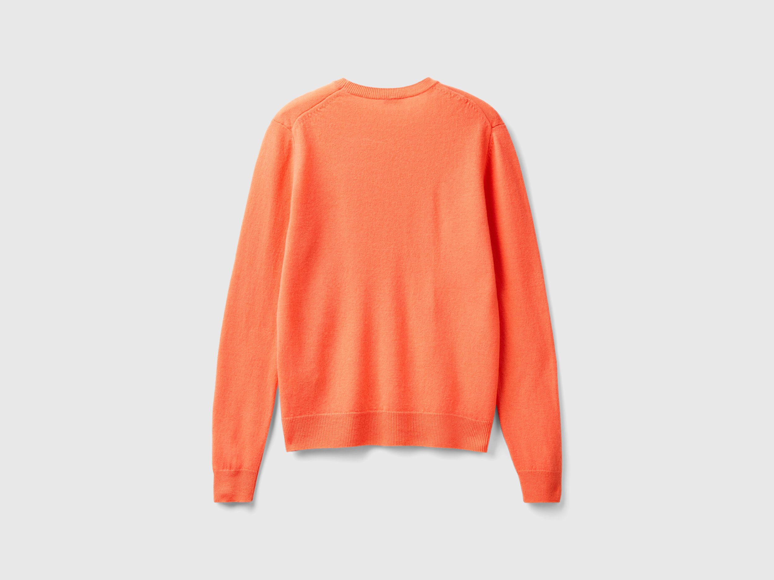 Coral red crew neck sweater in pure Merino wool Red Coral Benetton