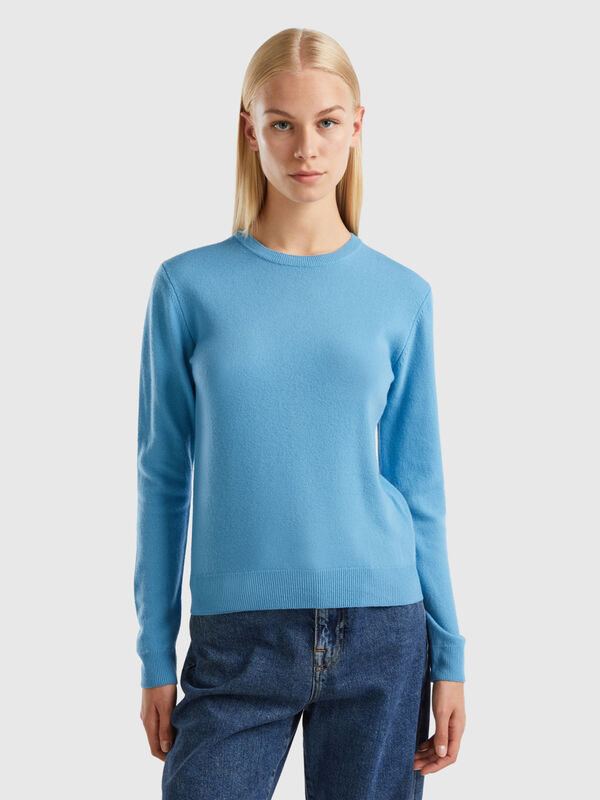 Light blue crew neck sweater in Merino wool Women