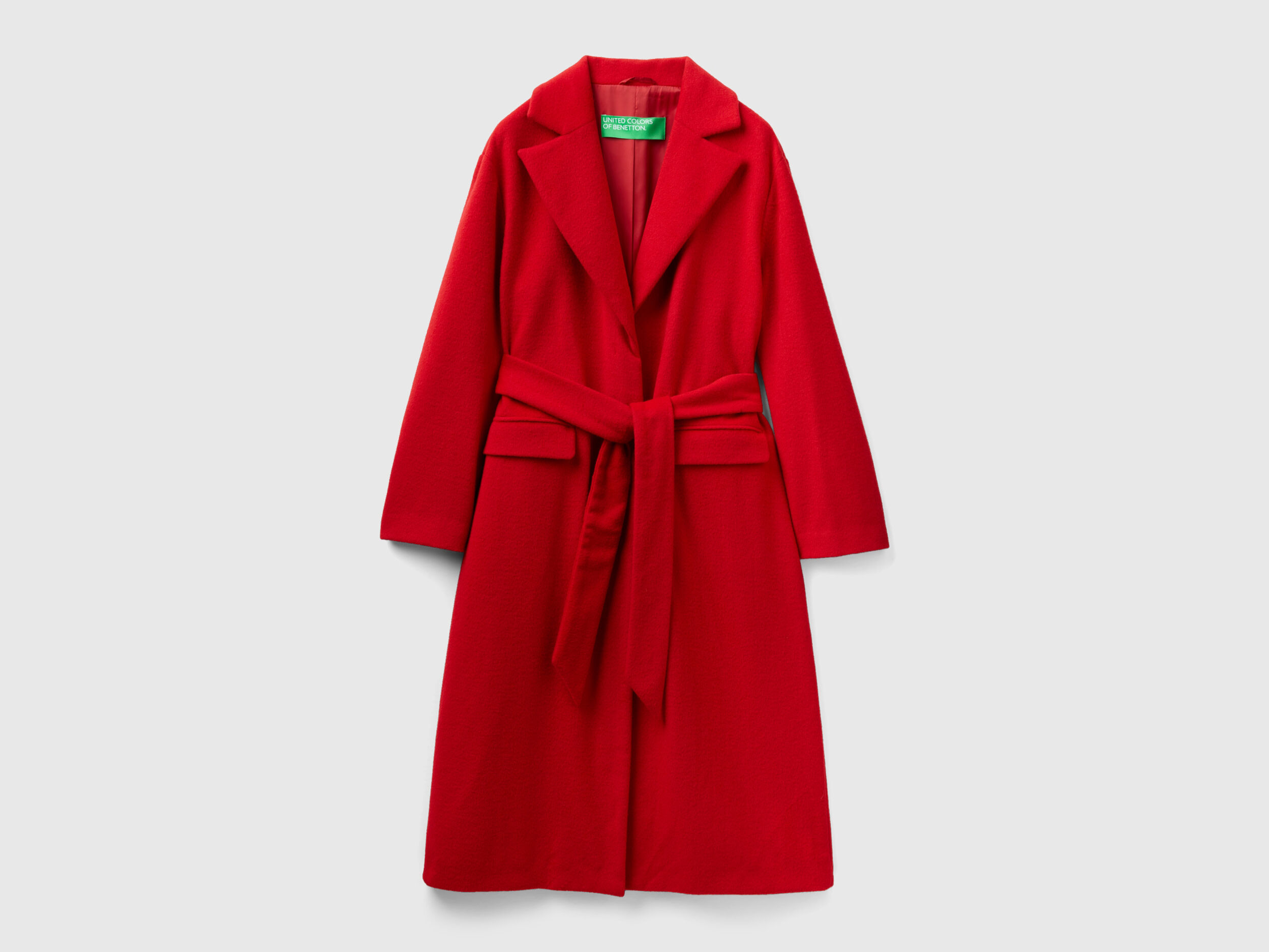 Red coat with belt on sale