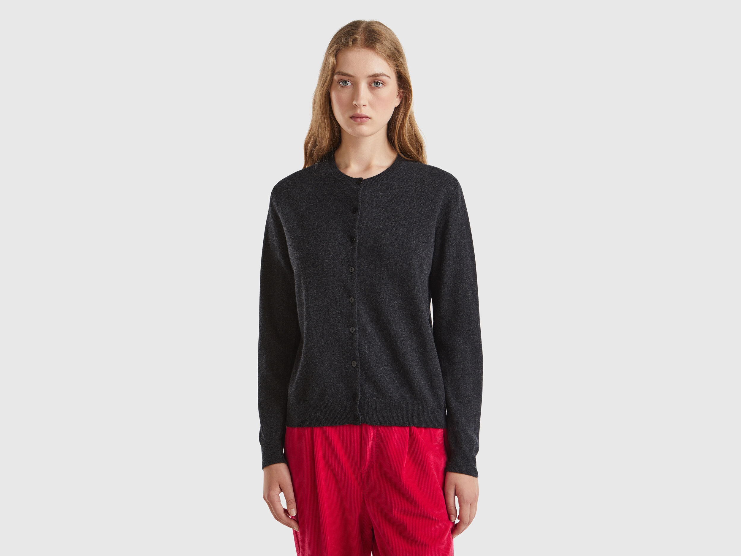 Charcoal gray crew neck cardigan in pure Merino wool Dark Gray Benetton