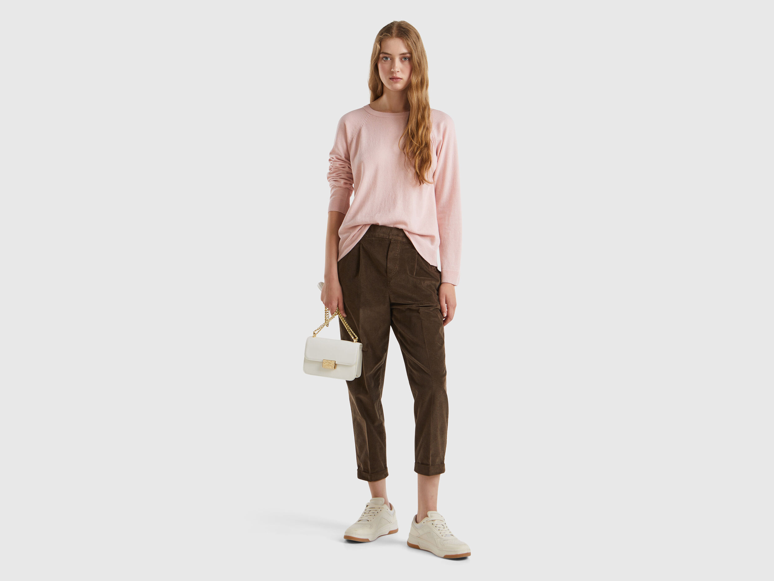 Pastel pink crew neck sweater in wool and cashmere blend Pastel Pink Benetton