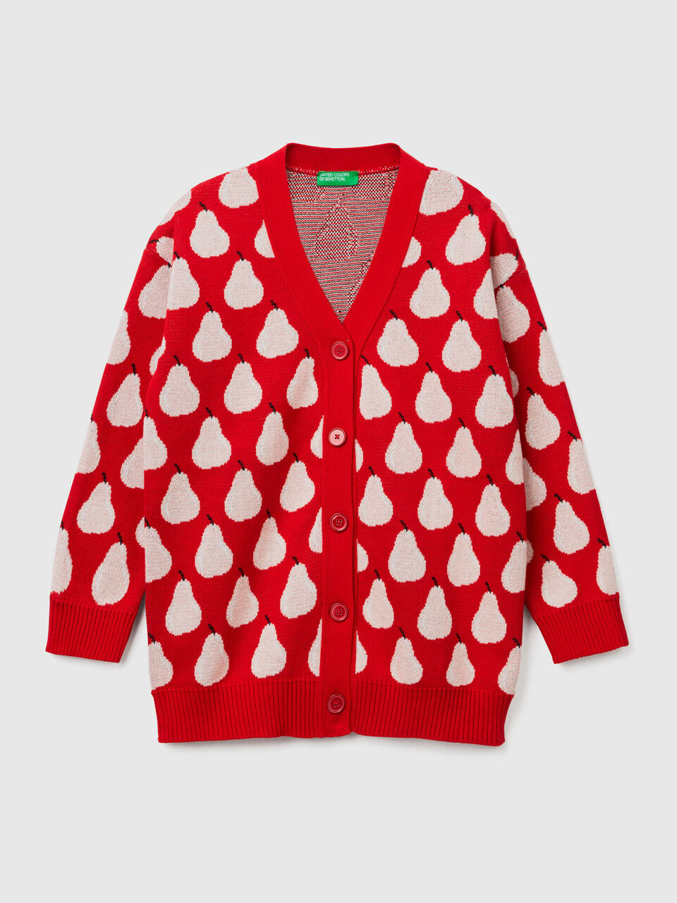 Red cardigan with pear pattern