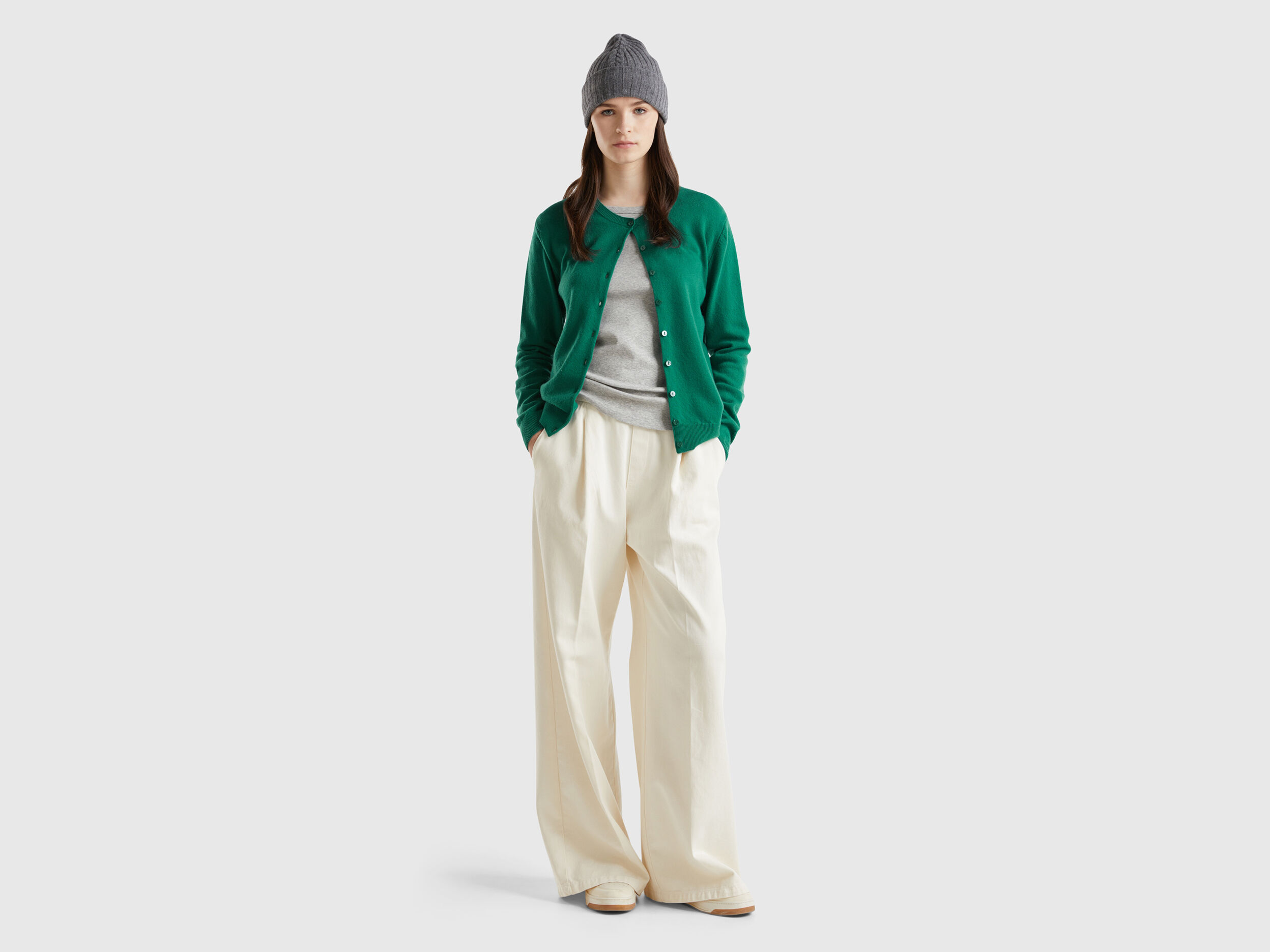 Forest green crew neck cardigan in pure Merino wool - Dark