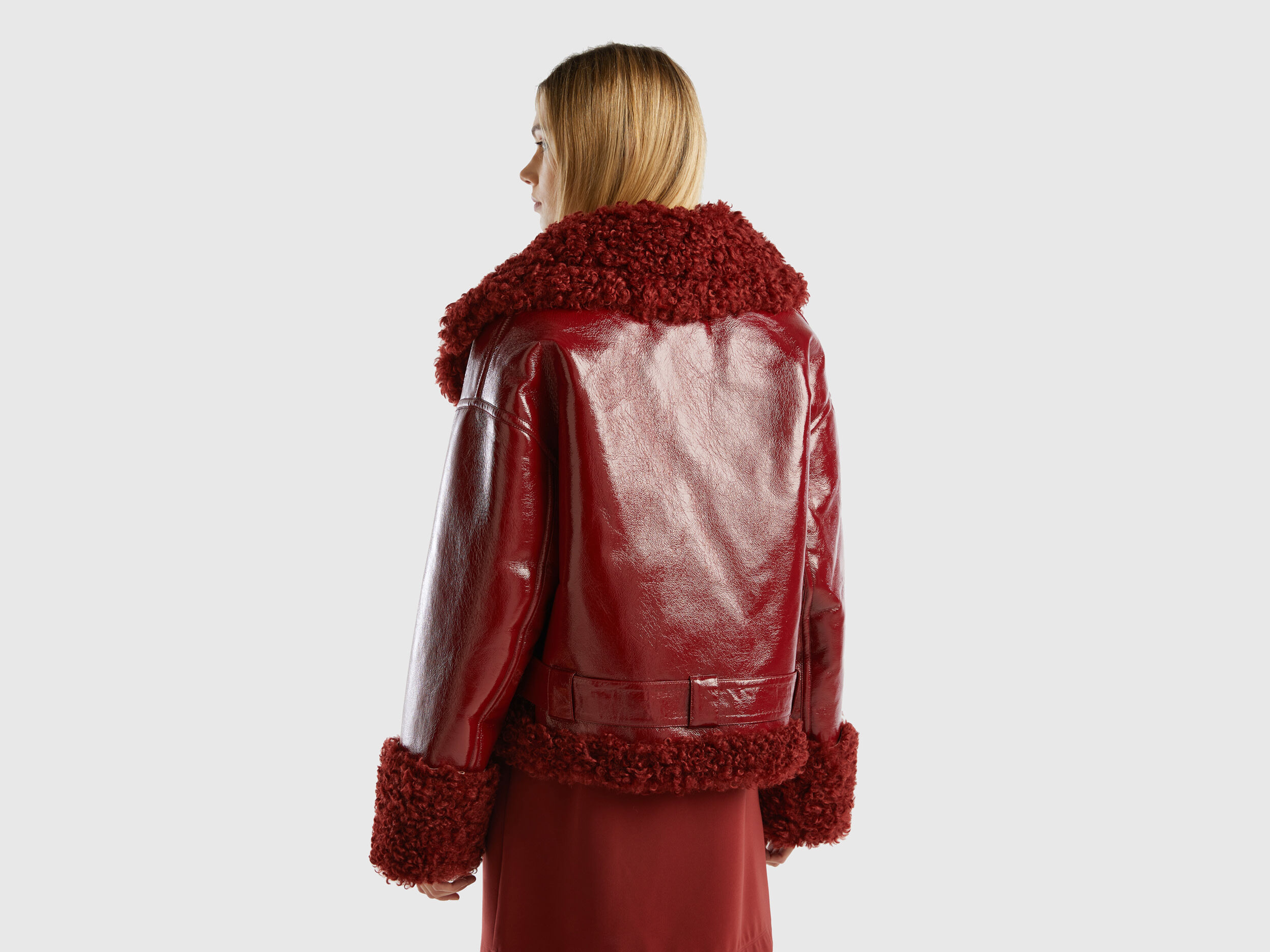Biker jacket in imitation leather and faux fur Burgundy Benetton
