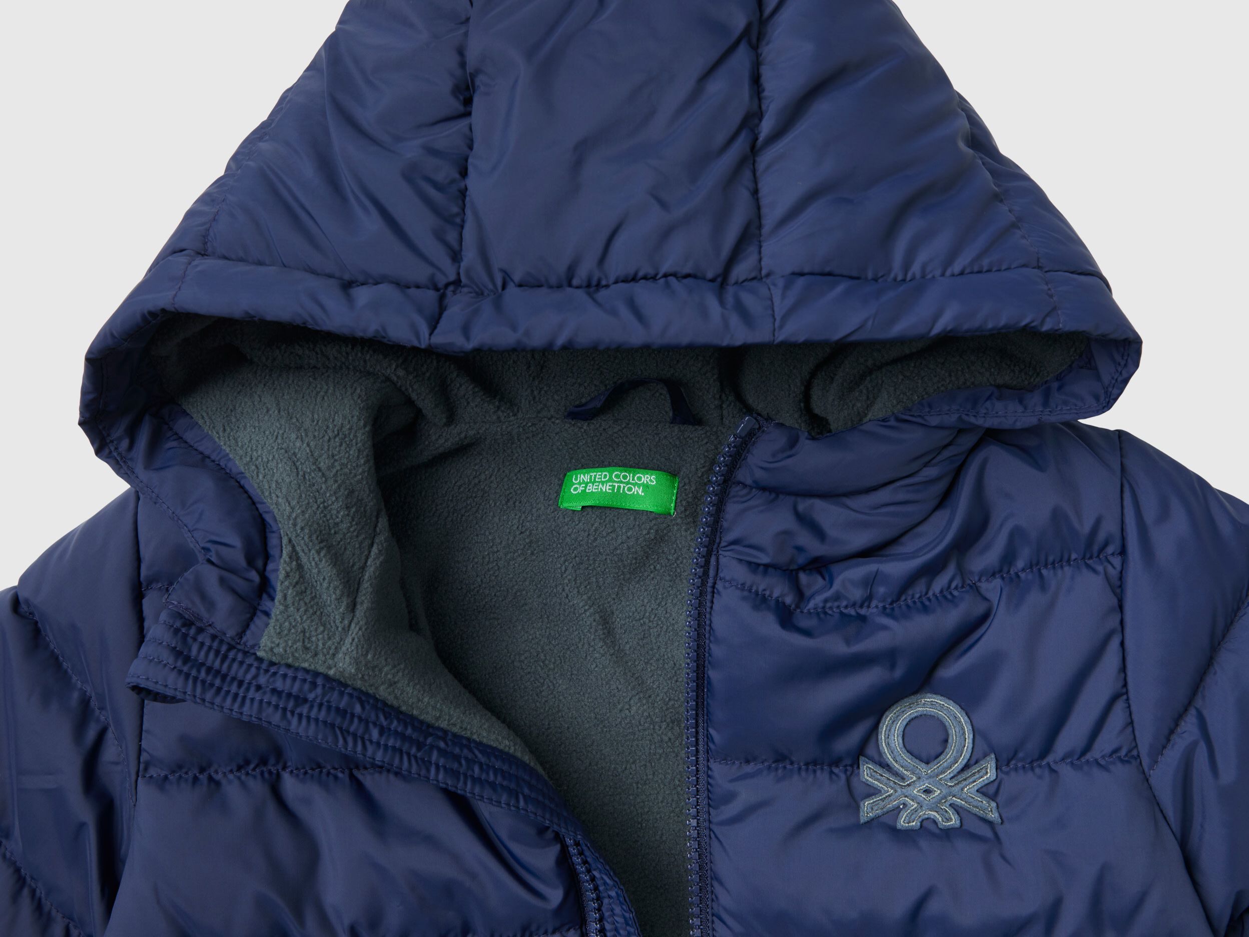 Puffer jacket with hood and logo Dark Blue Benetton
