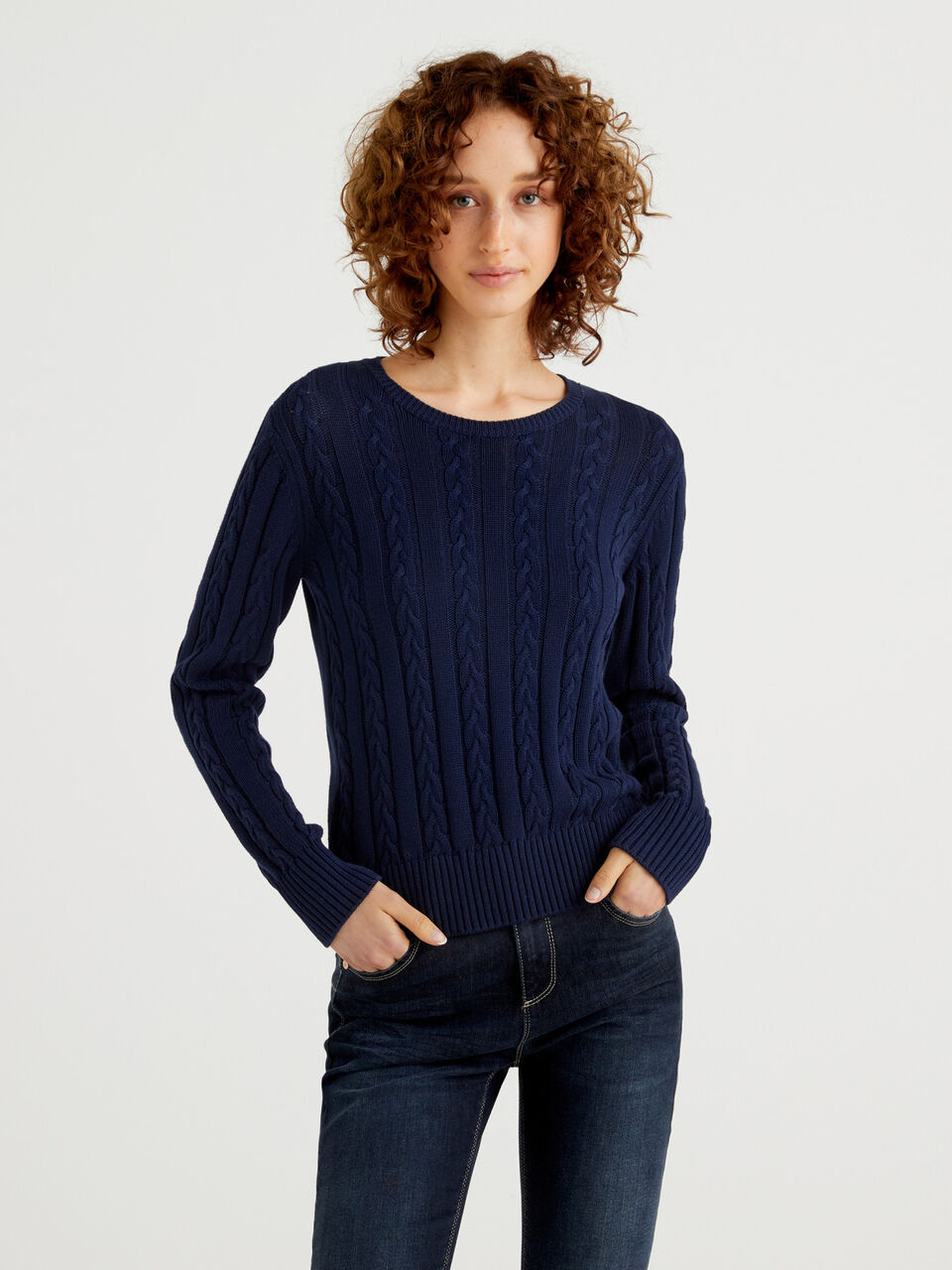 Cotton sweater with cable knit