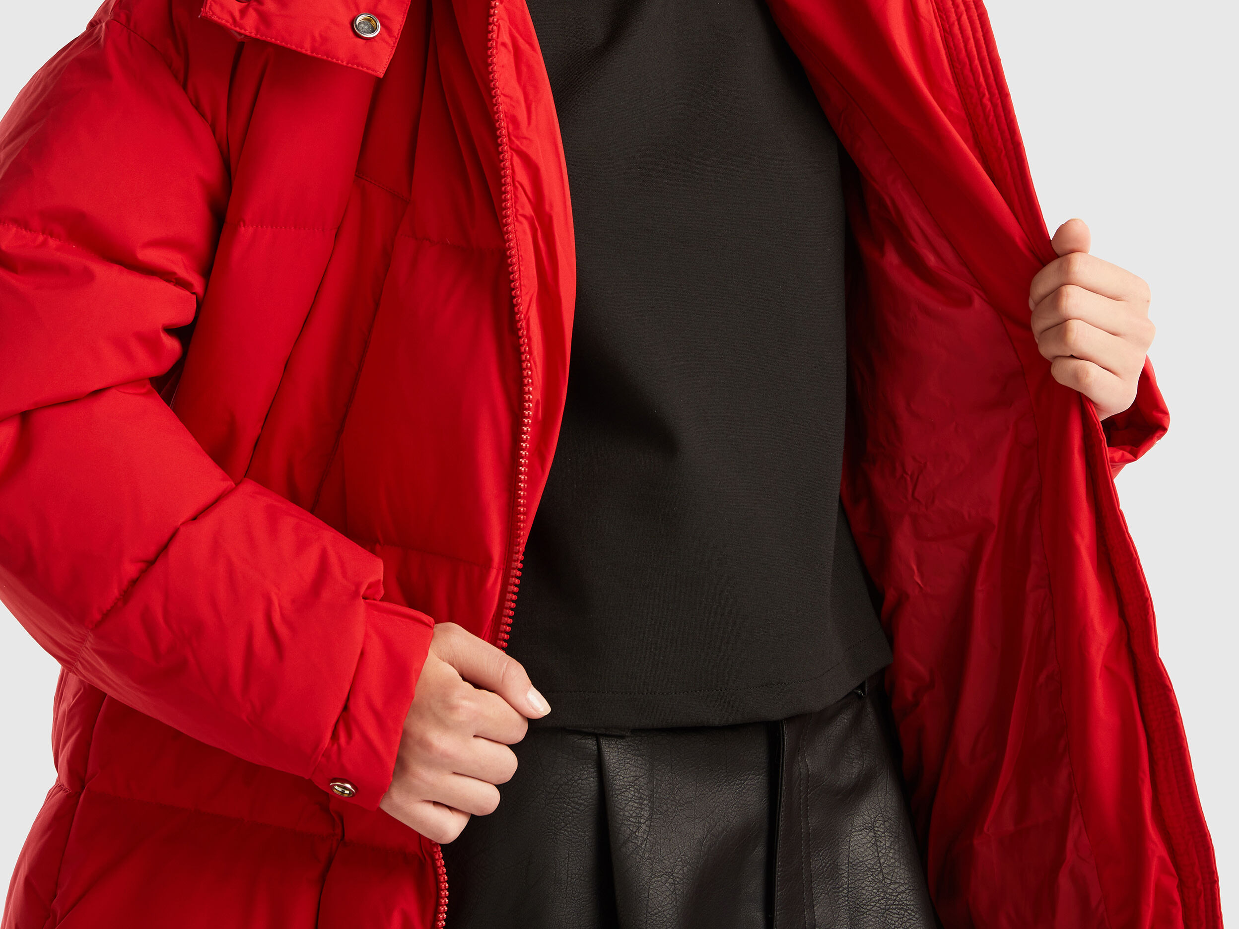 Long padded jacket with removable hood Red Benetton