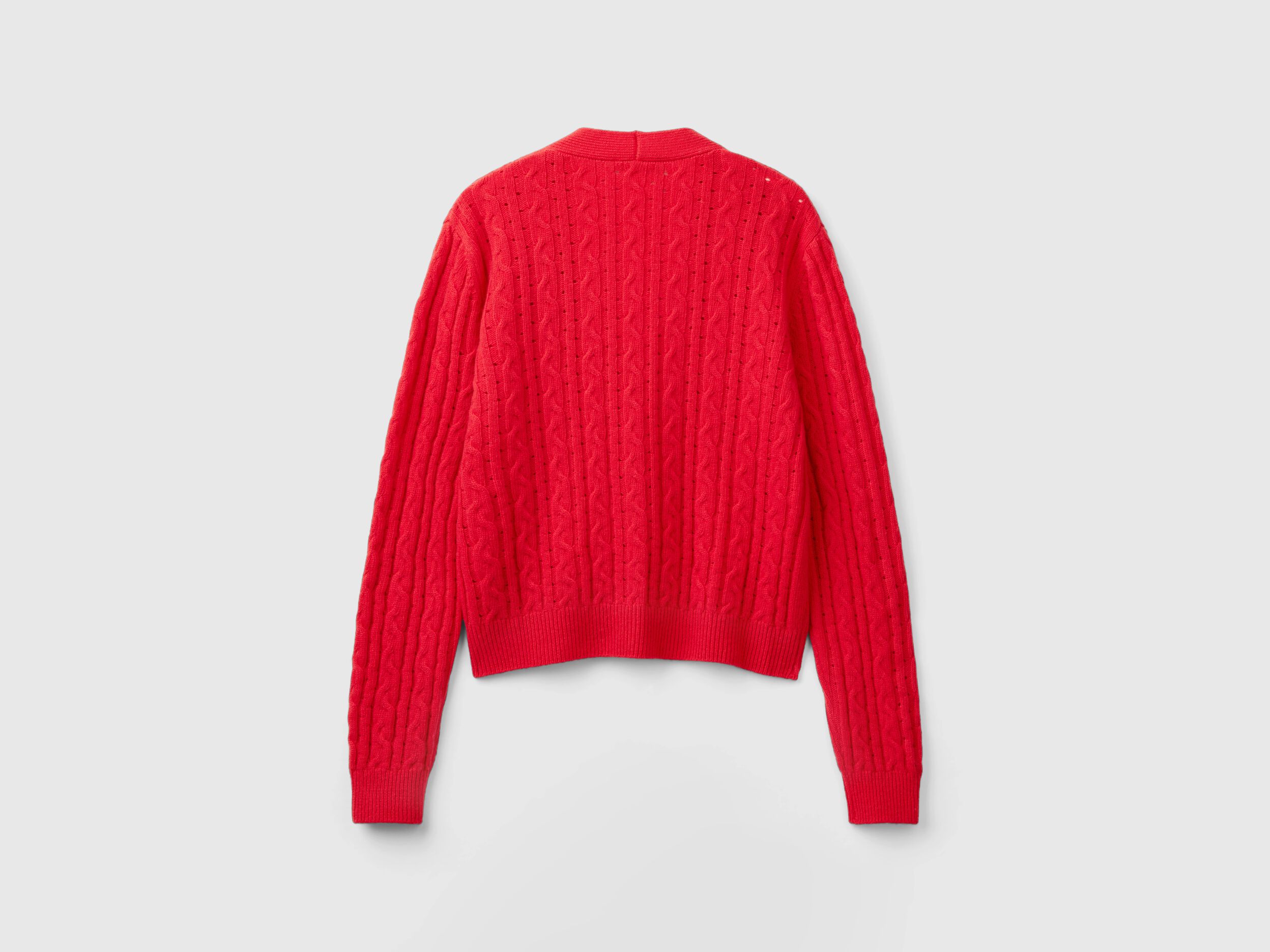 Boxy fit cardigan with cable knit and perforations - Red | Benetton
