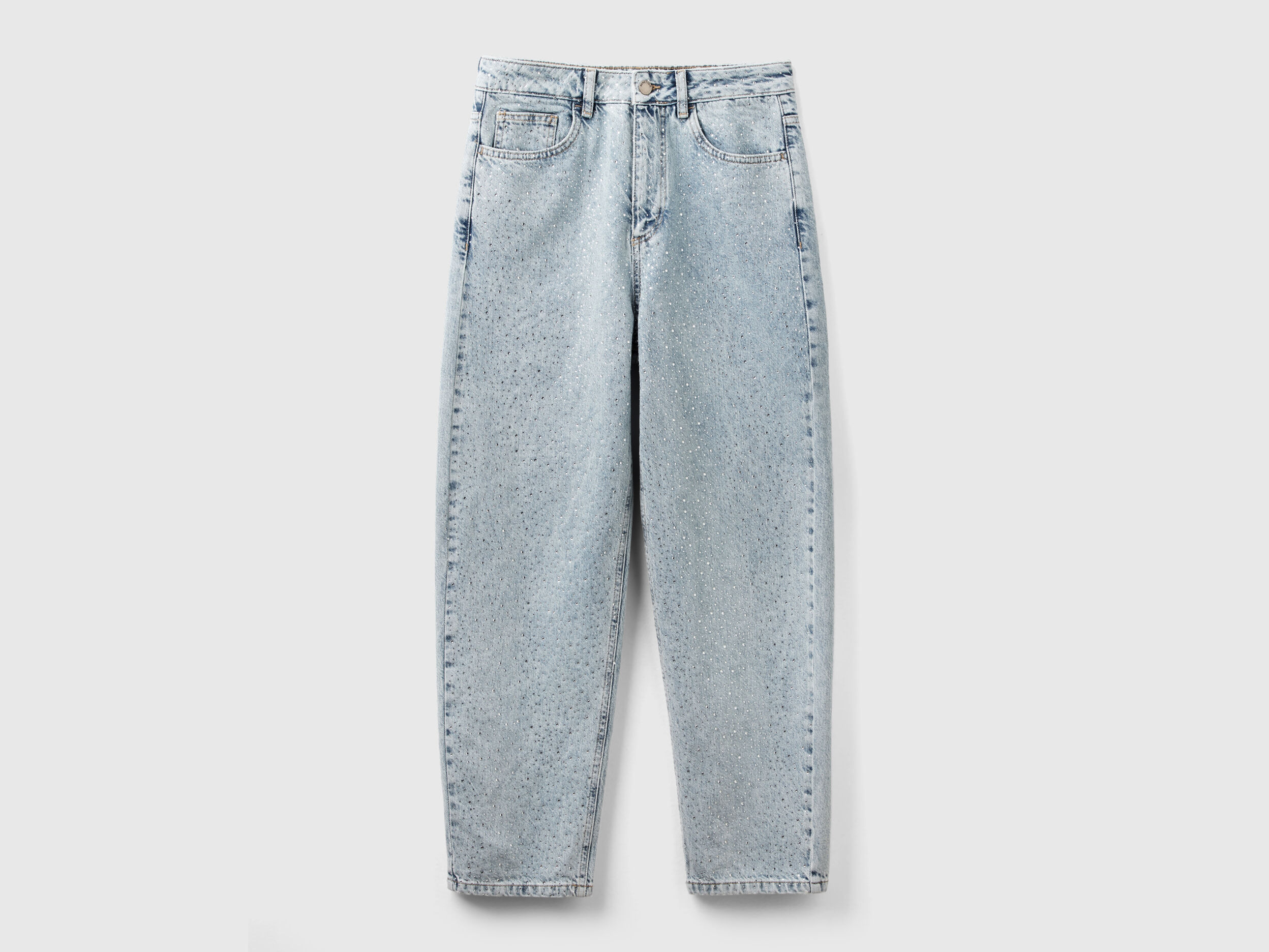 Carrot fit jeans with rhinestones - Light Blue | Benetton