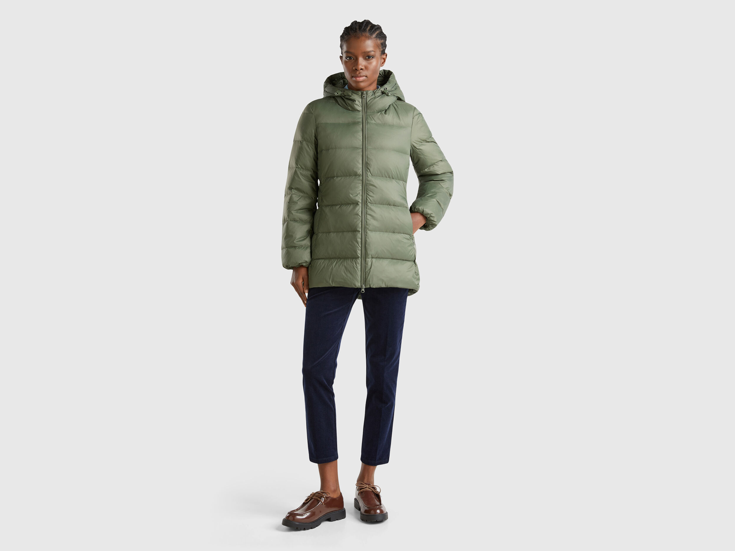 Long puffer jacket with recycled down Military Green Benetton