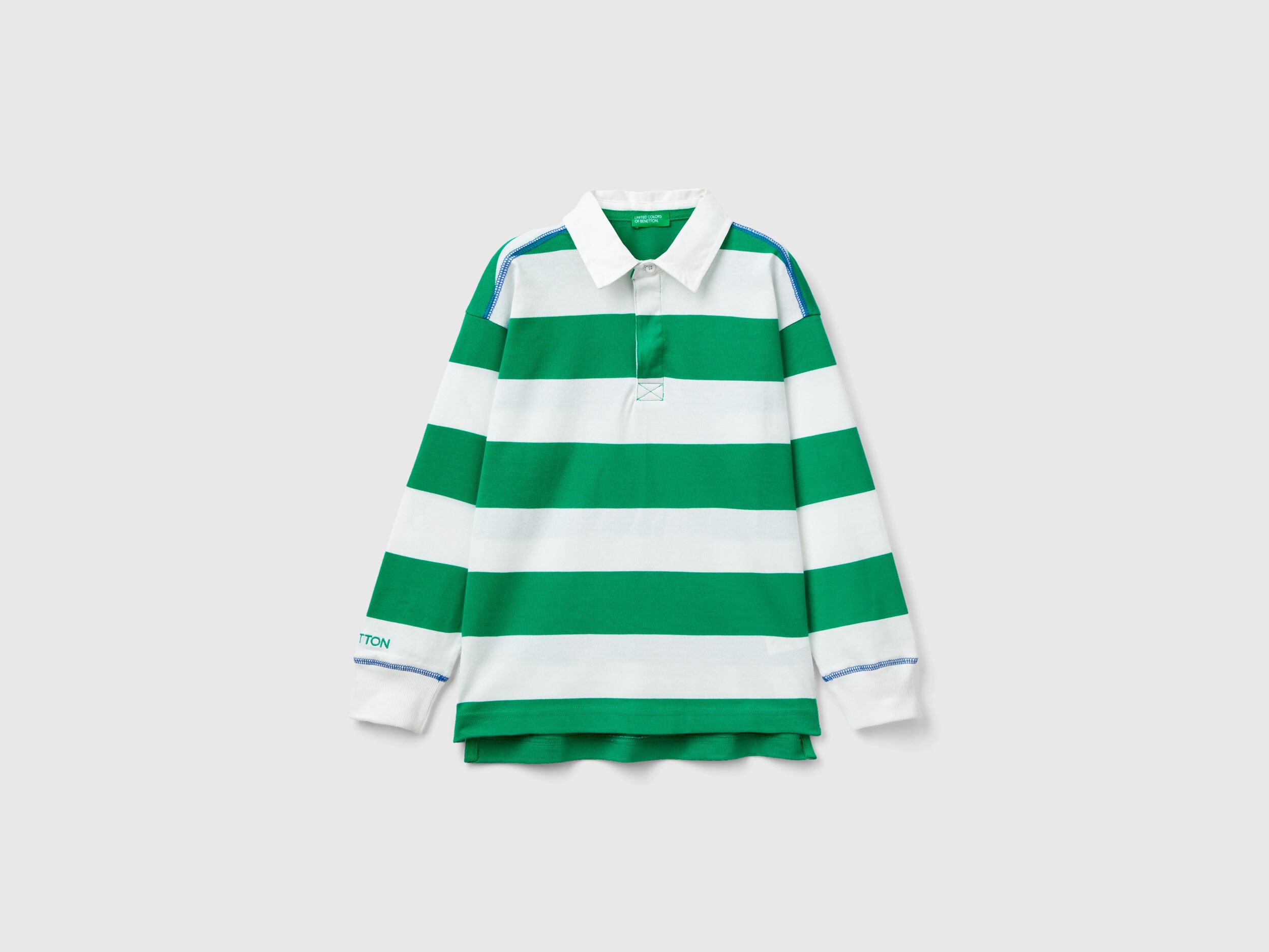 Rugby polo with green and white stripes