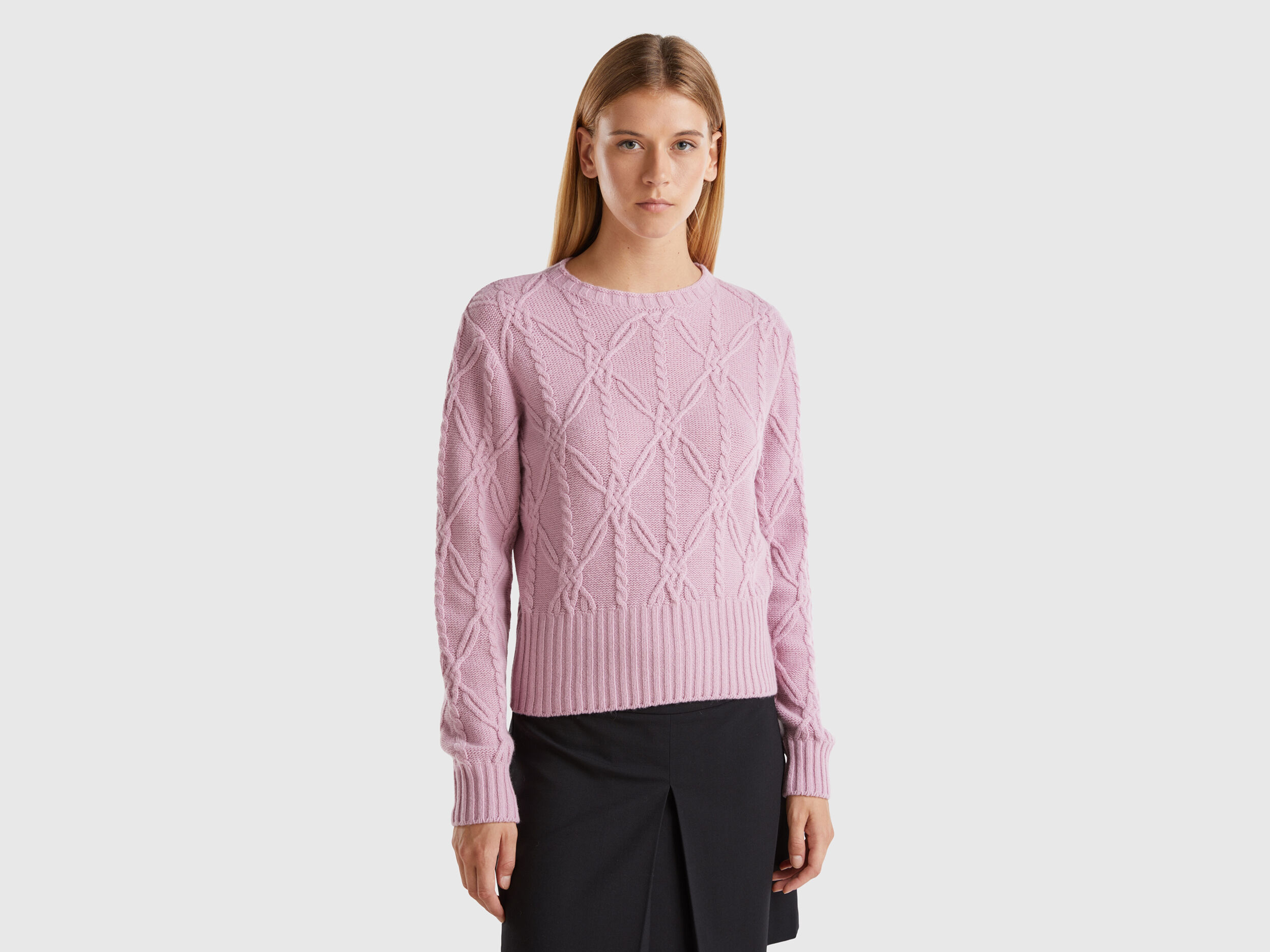 Cropped sweater with cable knit and perforations - Purple | Benetton