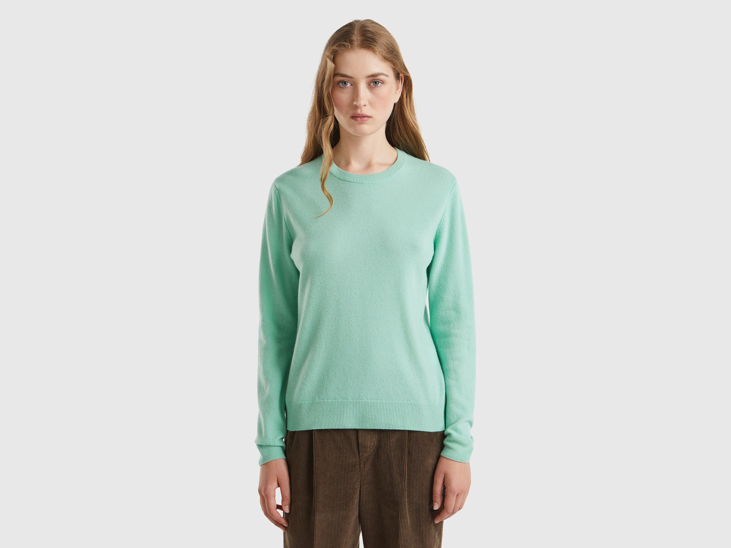 Light teal crew neck sweater in pure Merino wool Aqua Benetton