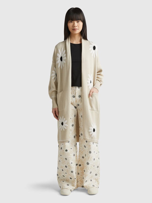 Long cardigan with floral inlay Women