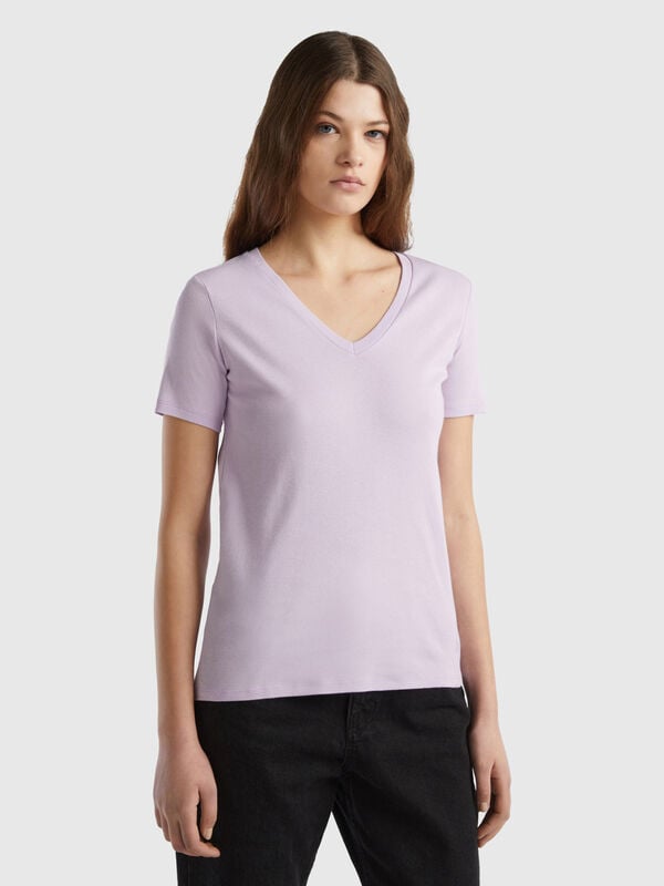 Pure cotton t-shirt with V-neck Women