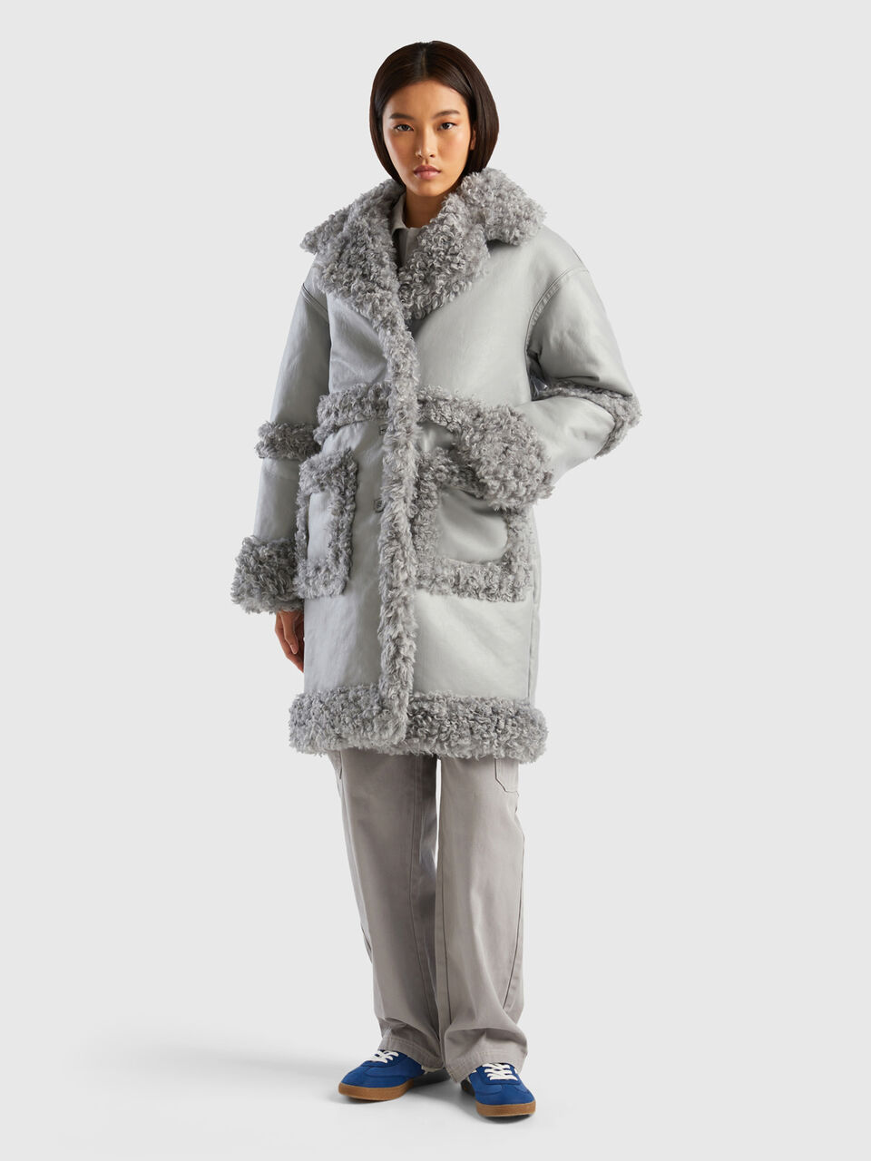 Coat in imitation leather with fur Benetton faux - Light Gray 