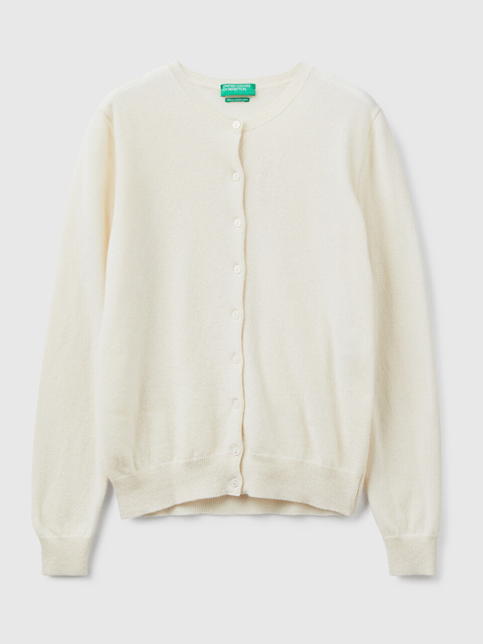 Cream crew neck cardigan in pure Merino wool - Creamy White | Benetton
