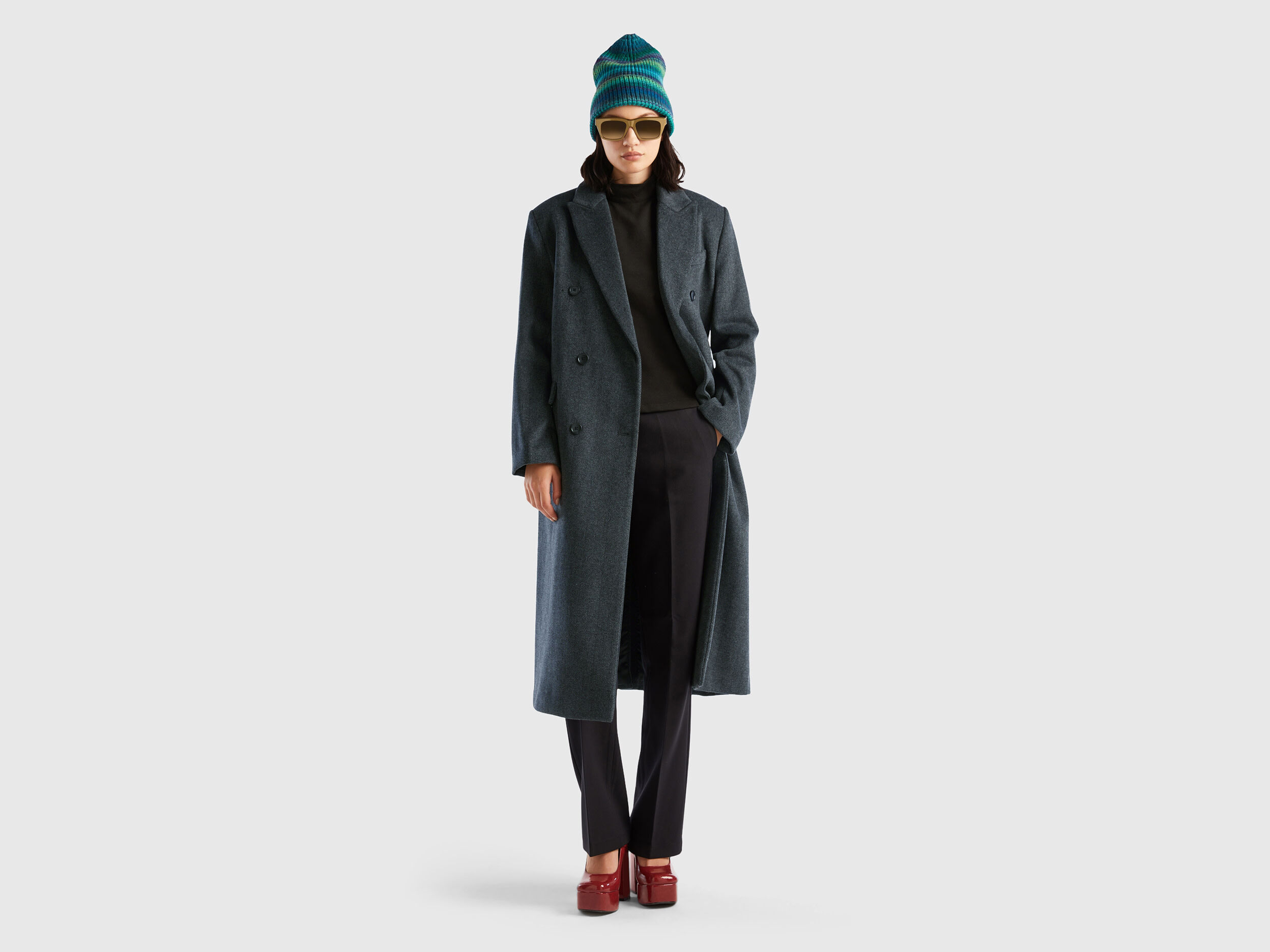 Long double breasted coat Dark Gray Benetton