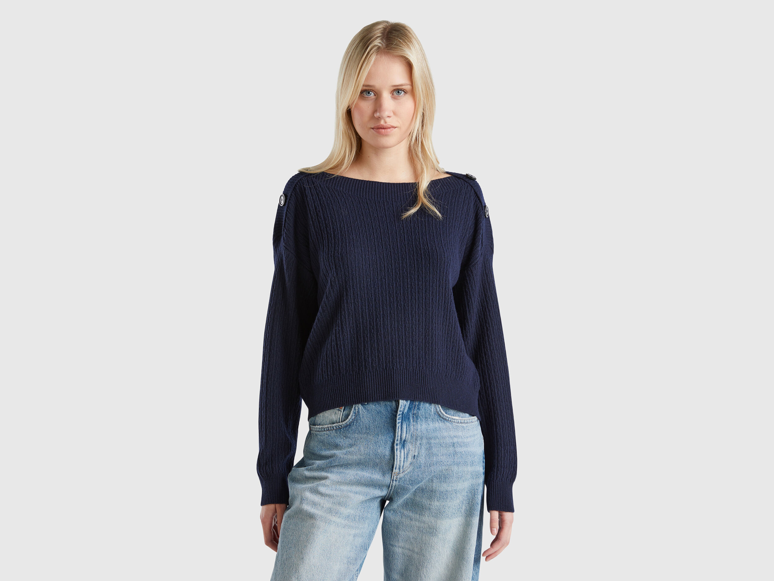 Navy blue boat neck sweater outlet