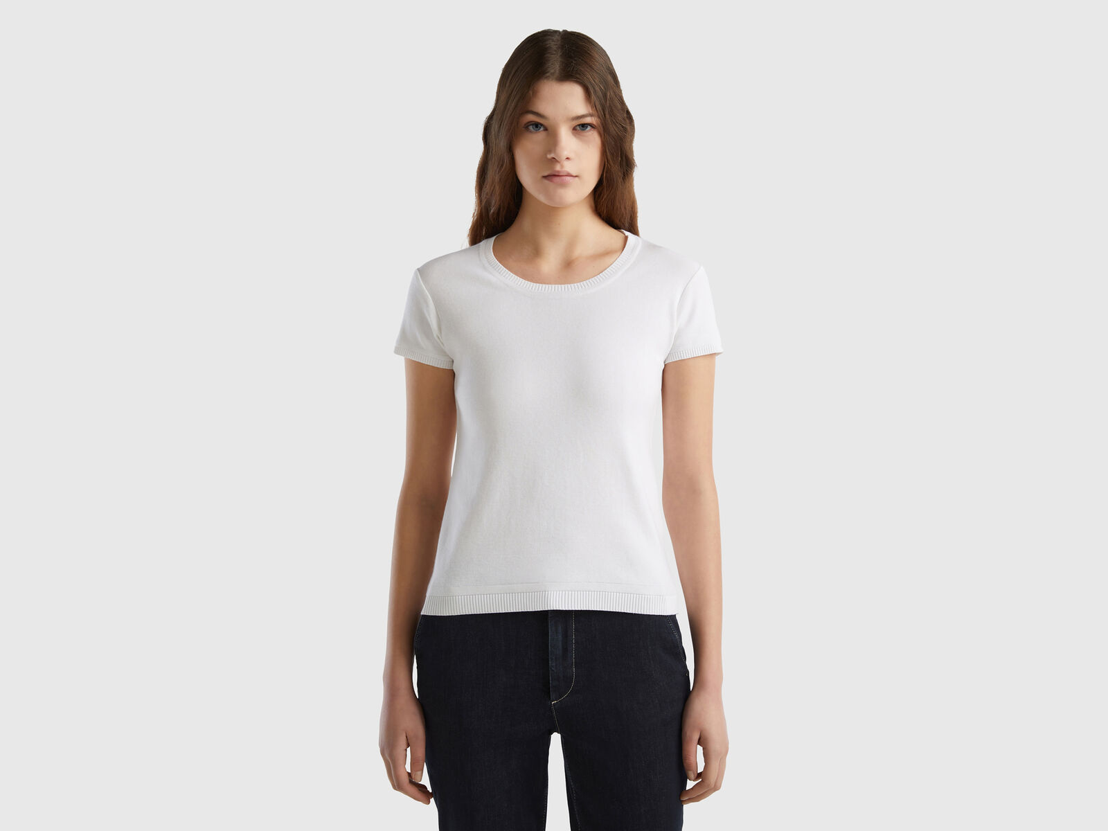 Short sleeve sweater in 100% cotton - White | Benetton