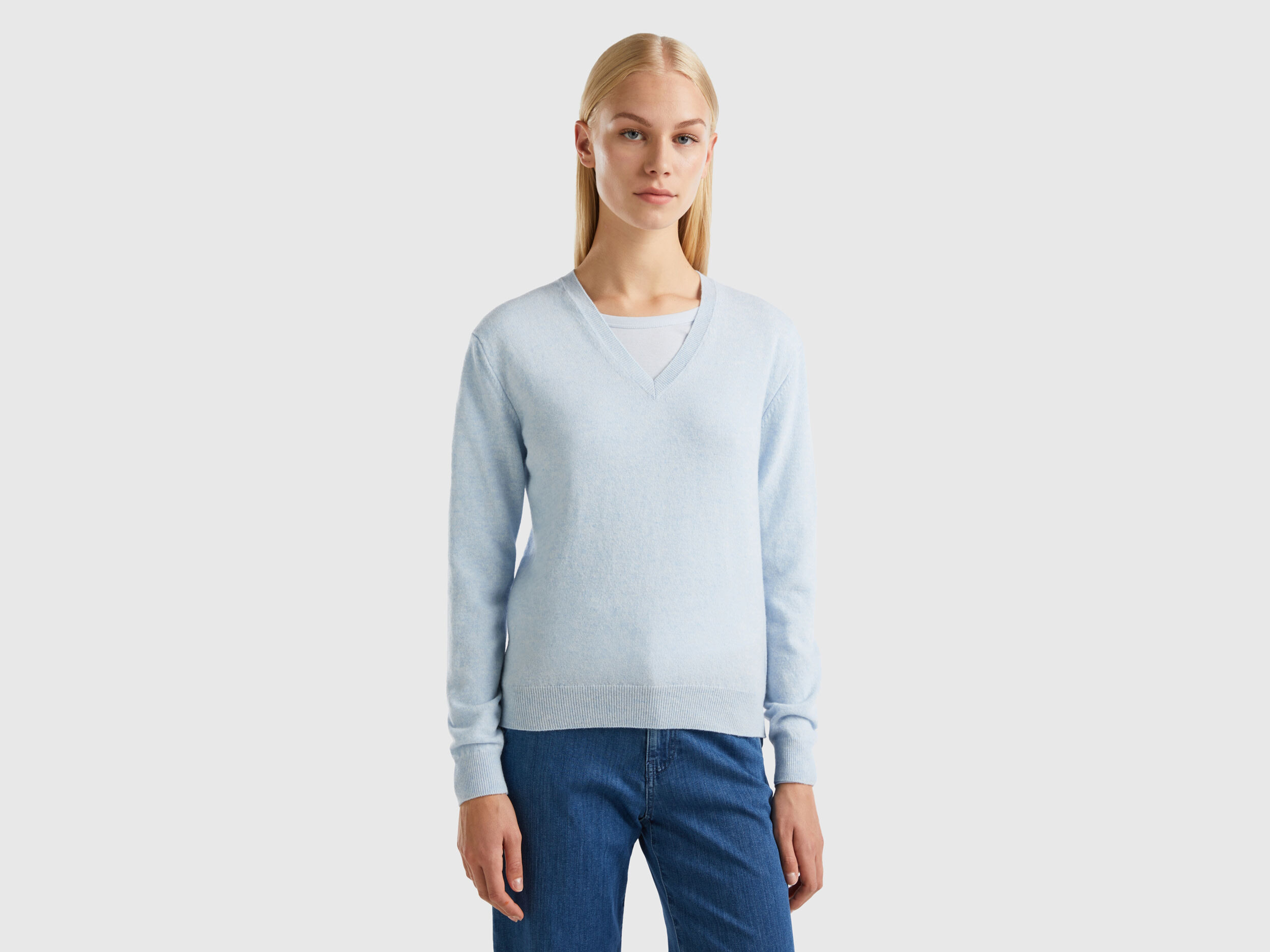 Sky blue V neck sweater in pure Merino wool Sky Blue Benetton