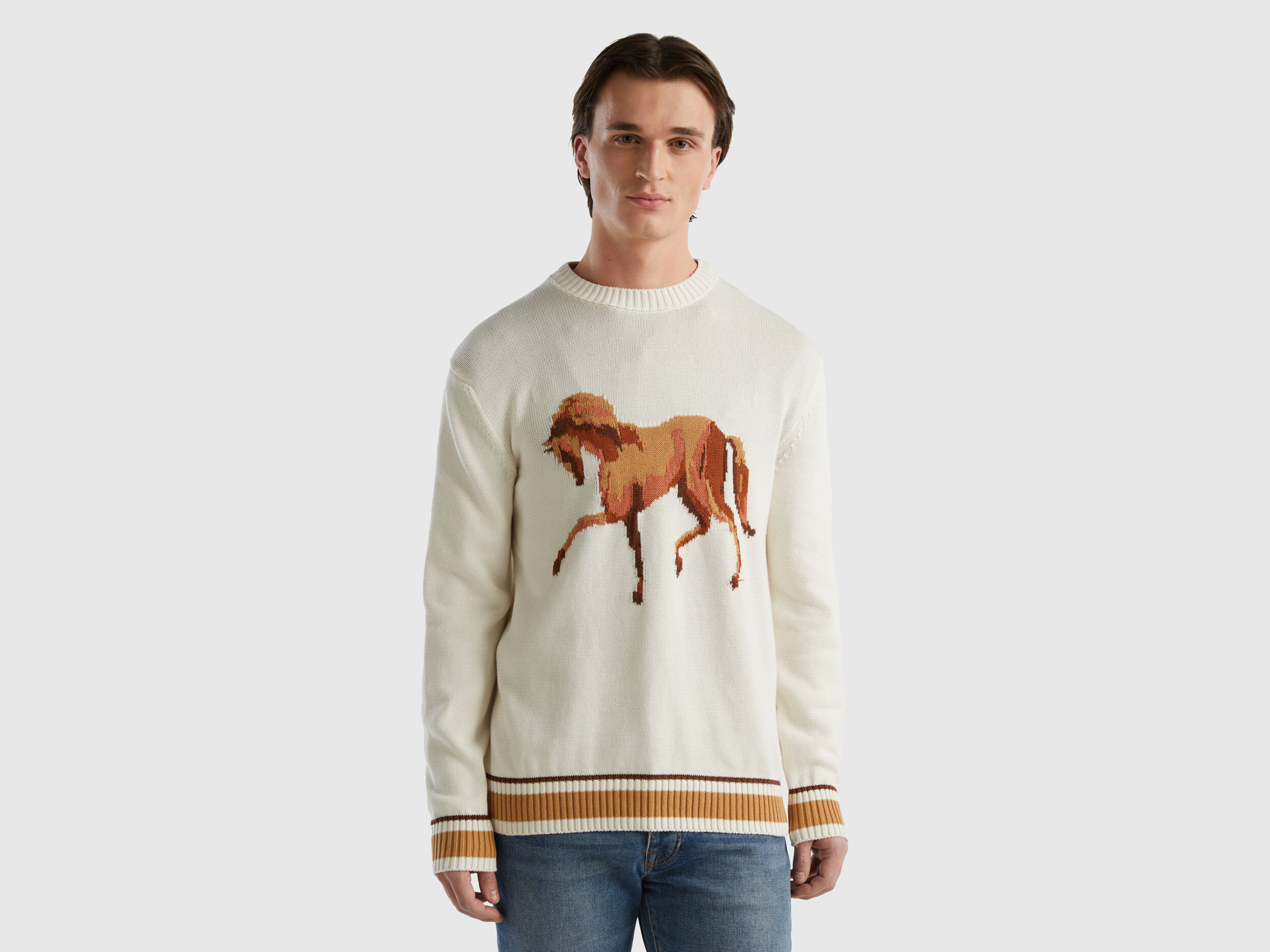 Sweater with horse inlay - Creamy White | Benetton