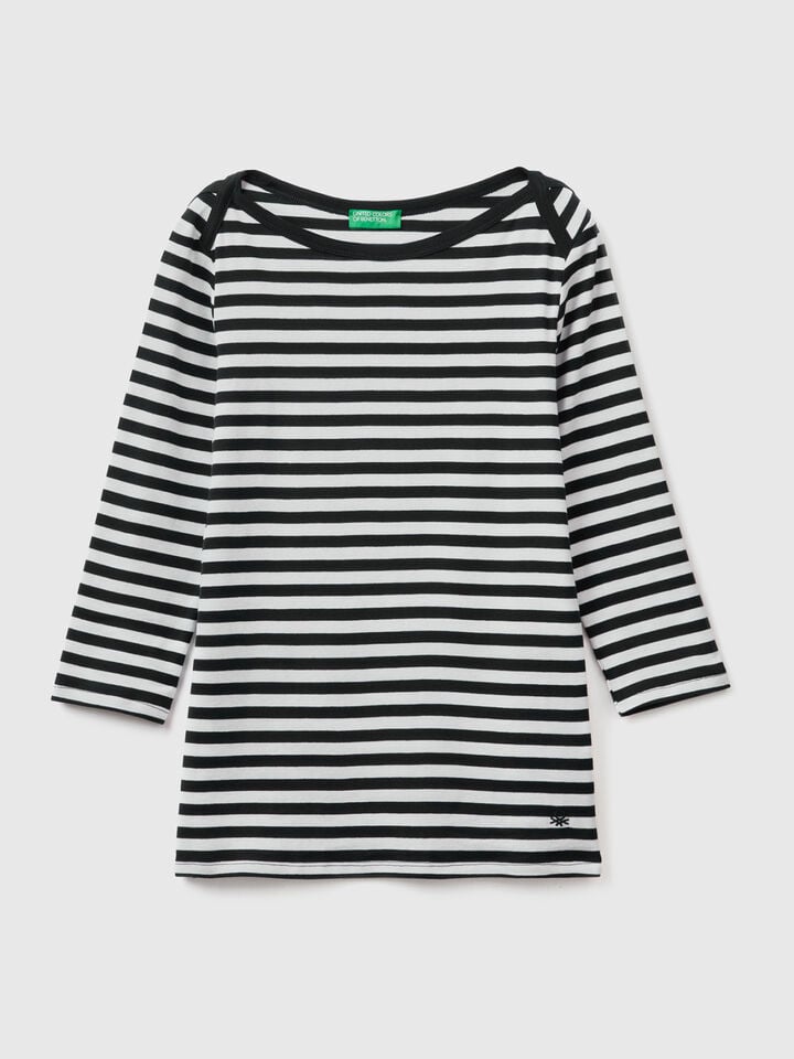 Striped 3/4 sleeve t-shirt in pure cotton - Black | Benetton