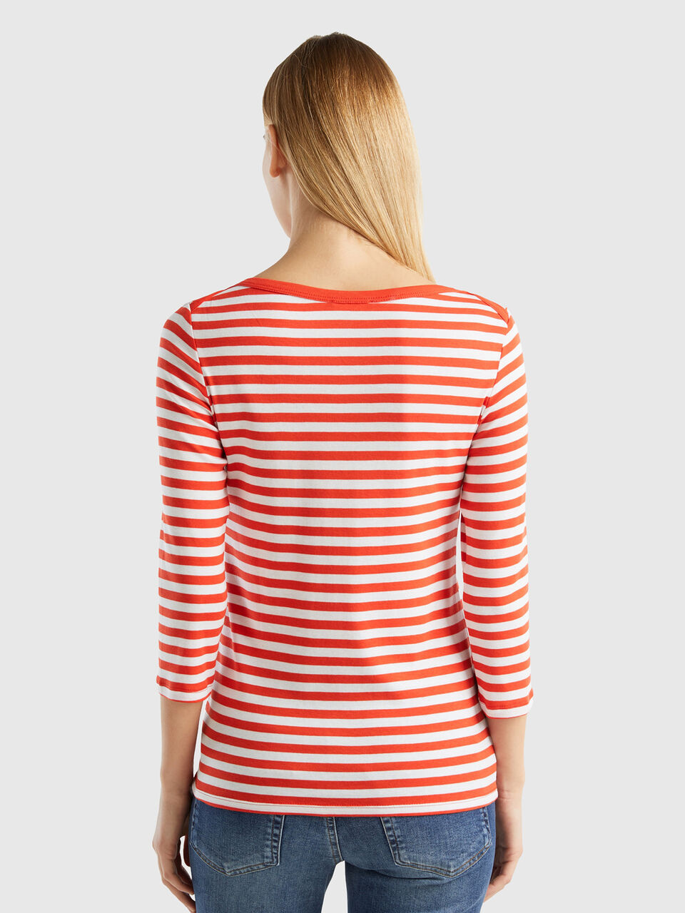 Striped 3/4 sleeve t-shirt in 100% cotton - Red Coral | Benetton