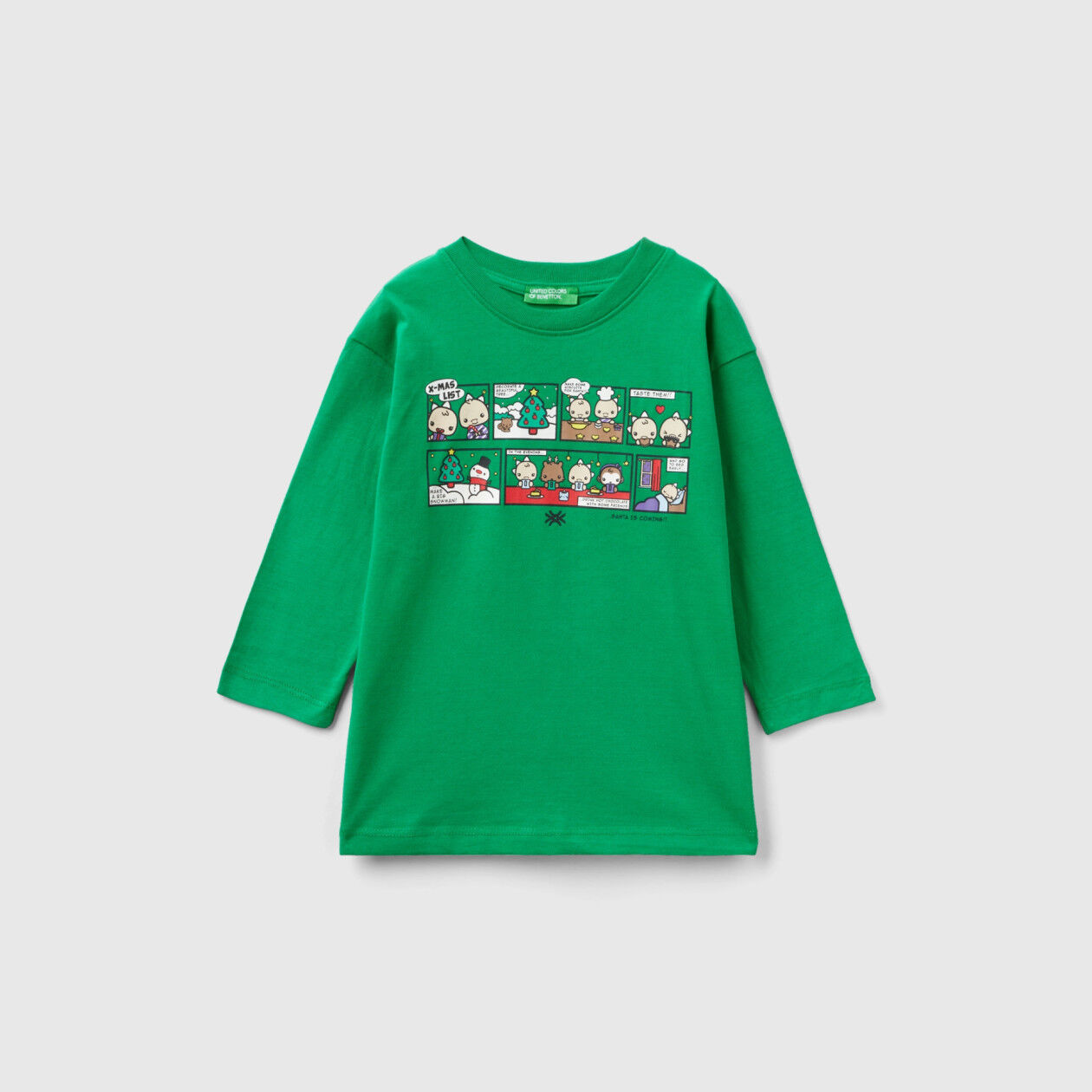 Warm t shirt with Christmas print Green Benetton