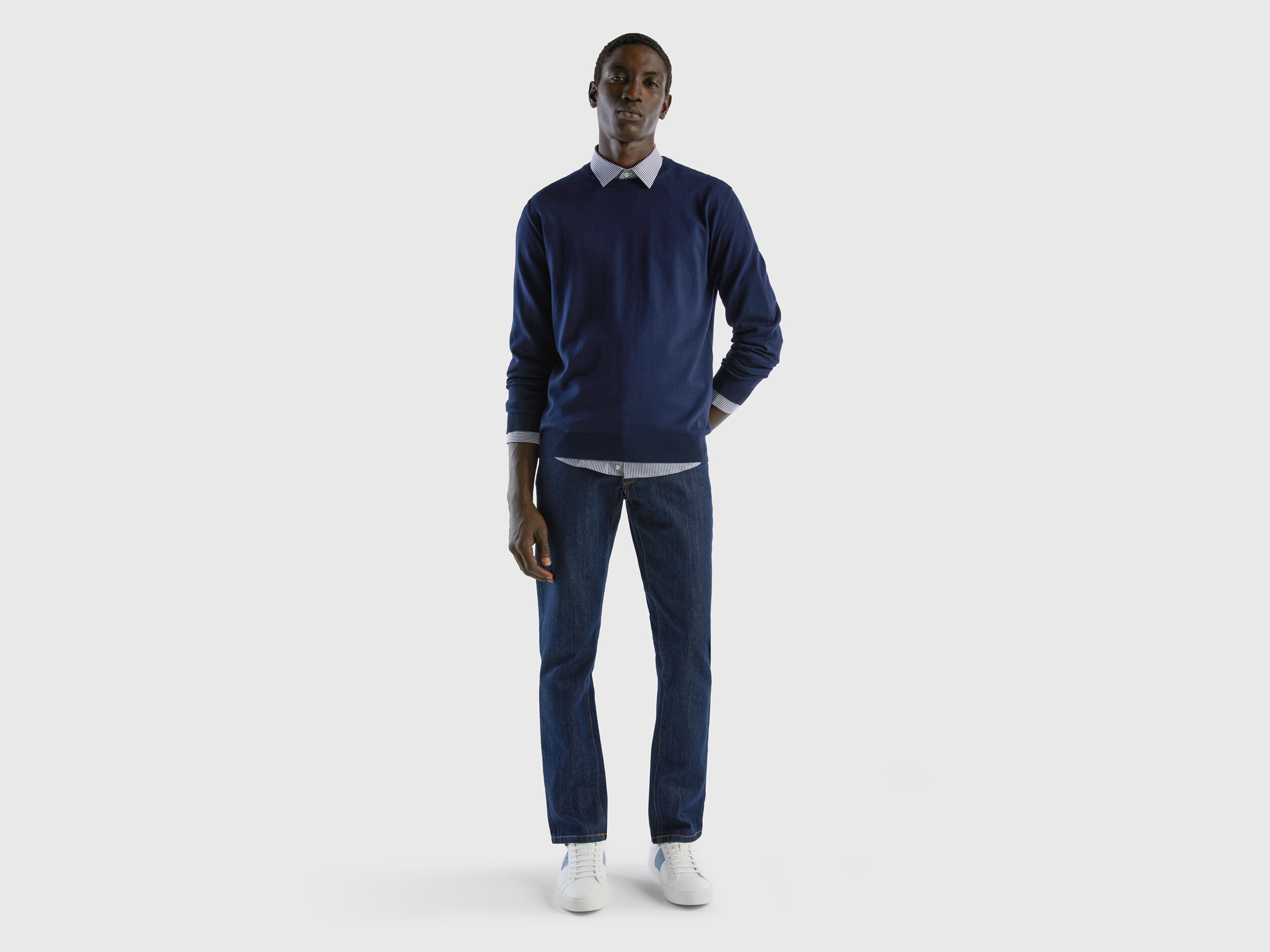 Crew neck sweater in 100 cotton Dark Blue Benetton