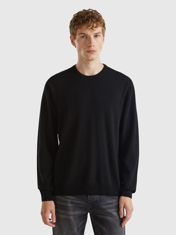 Black crew neck sweater in pure Merino wool Men