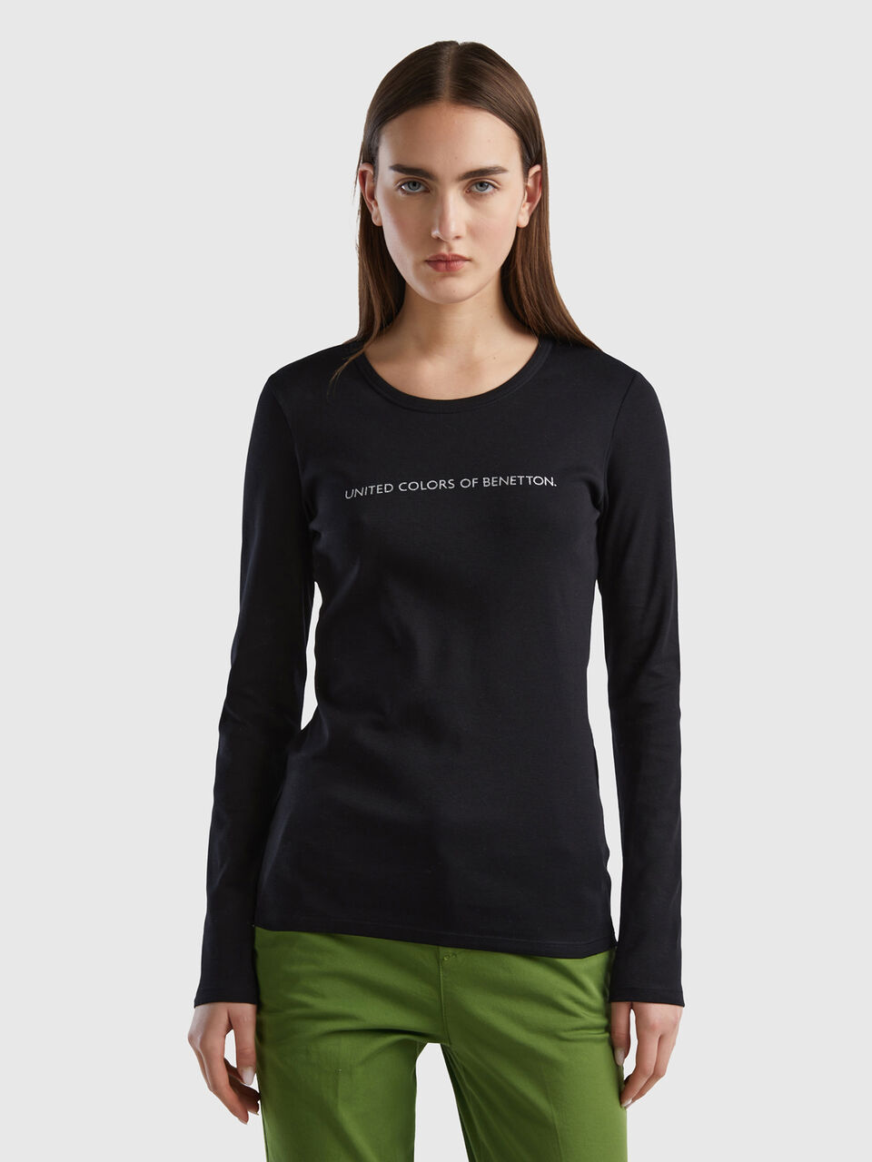 - t-shirt long Black Benetton sleeve | 100% Black cotton