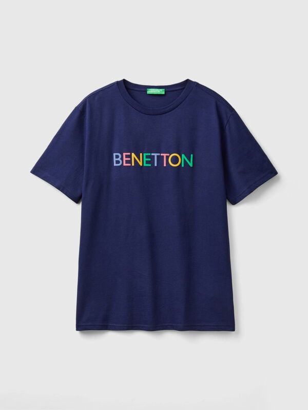 Dark blue t-shirt in organic cotton with multicolored logo Men