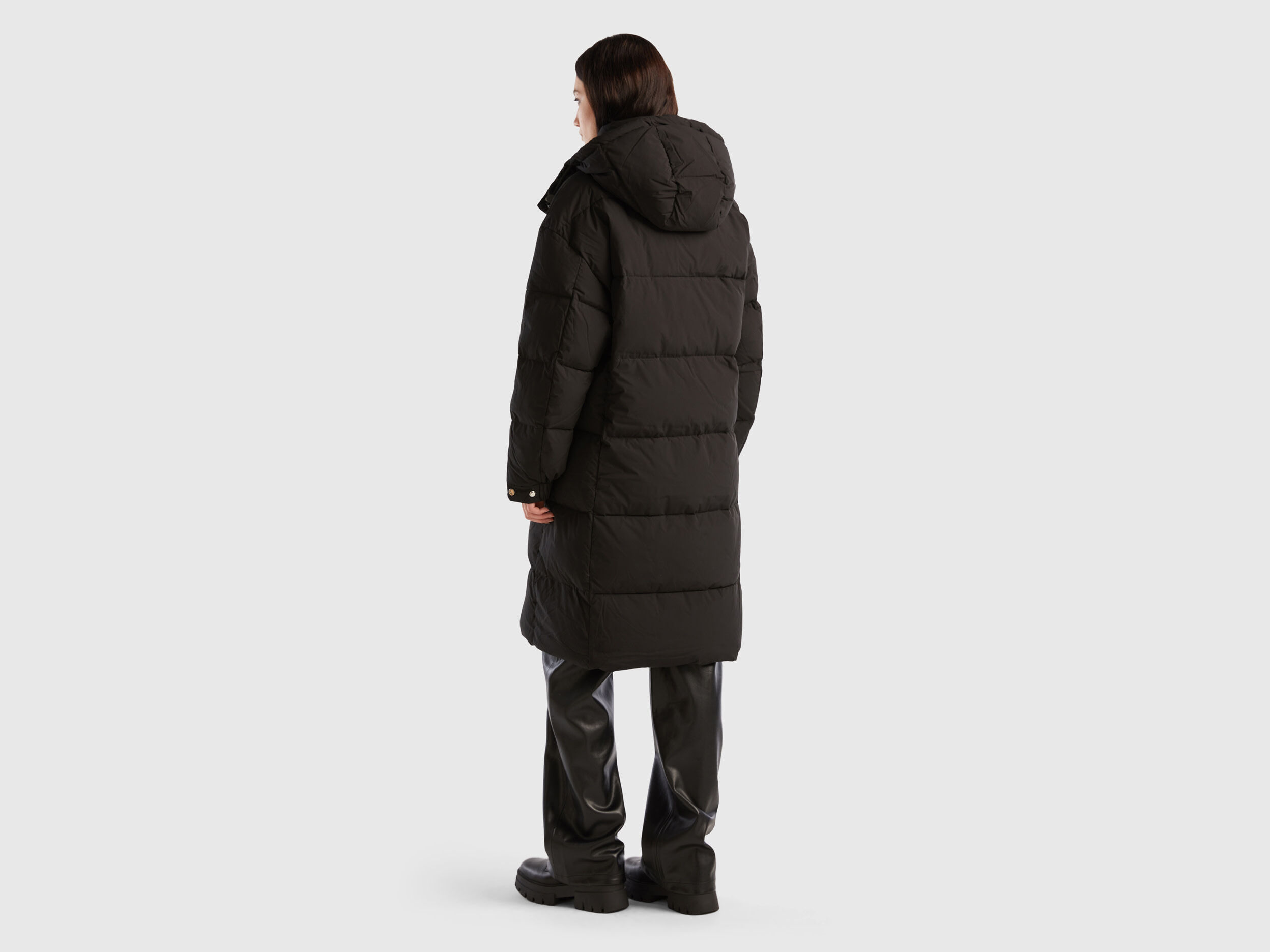 Long padded jacket with removable hood Black Benetton