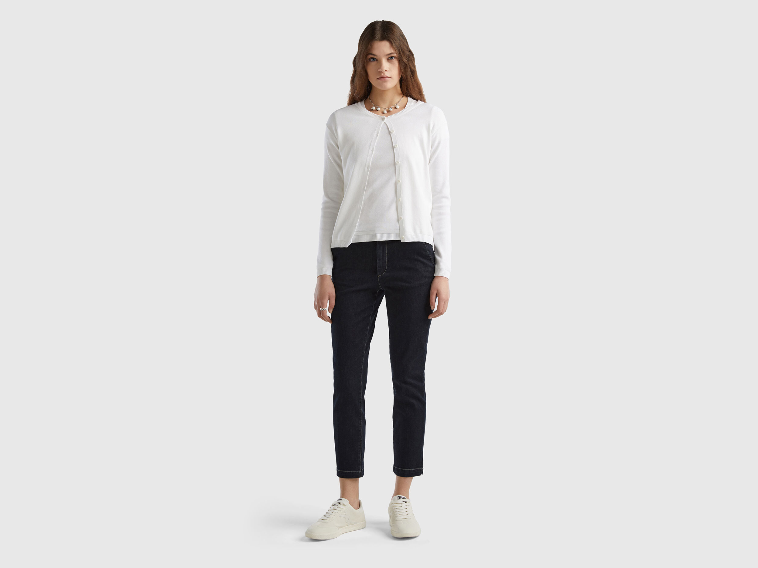 Crew neck cardigan in pure cotton White Benetton