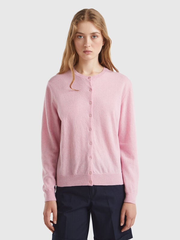 Marl pink crew neck cardigan in pure Merino wool Women