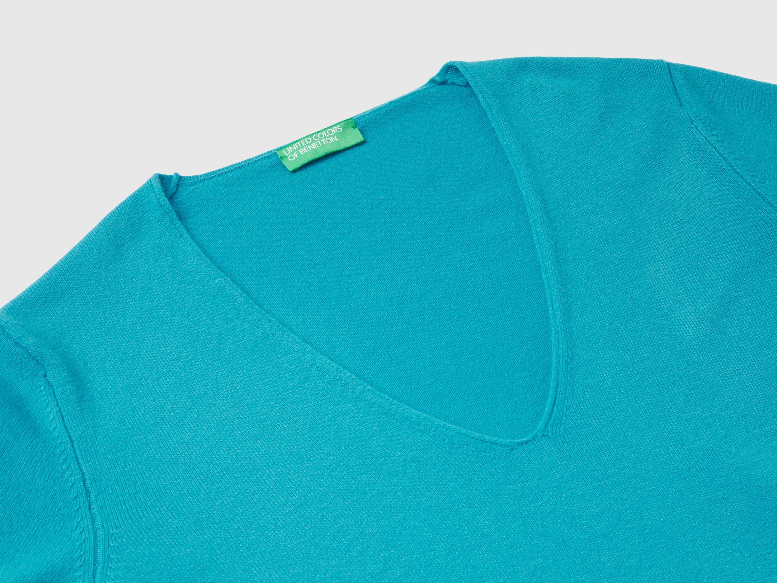 Benetton Turquoise V Neck Sweater in Pure Merino Wool Turquoise Women