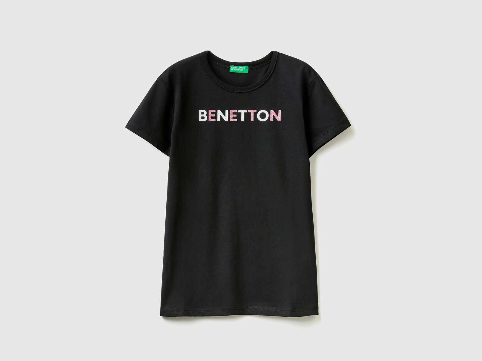 T-shirt with in cotton Black | logo organic glittery - Benetton