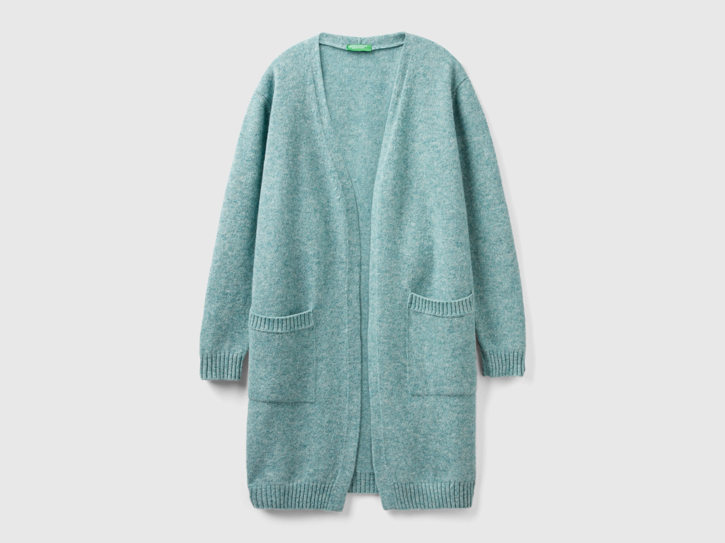 Long cardigan in pure Shetland wool Aqua Benetton